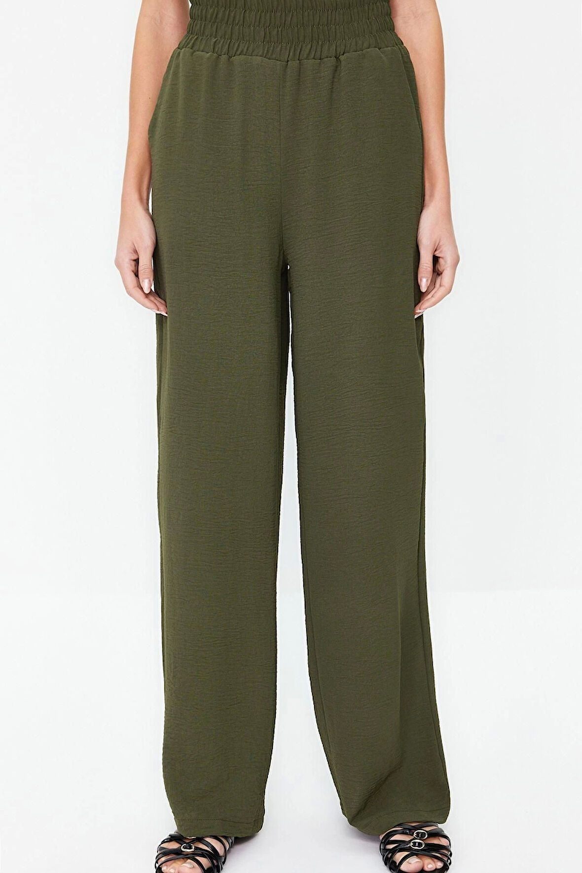 Kadın Yeni Moda Geniş Paça Uzun Boy Dokuma Wide Leg Geniş Paça Beli Lastikli Pantolon