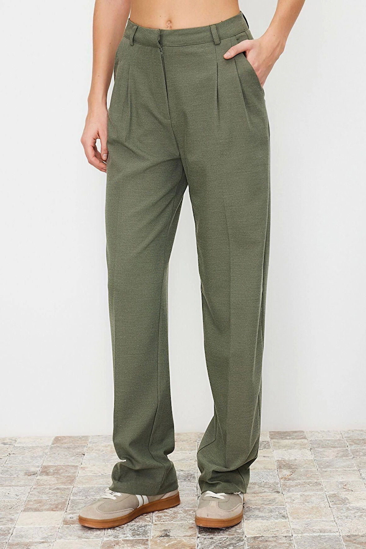 Kadın Yeni Moda Boru Paça Uzun Boy Dokuma Limited Edition Düz Kesim Pilili Pantolon