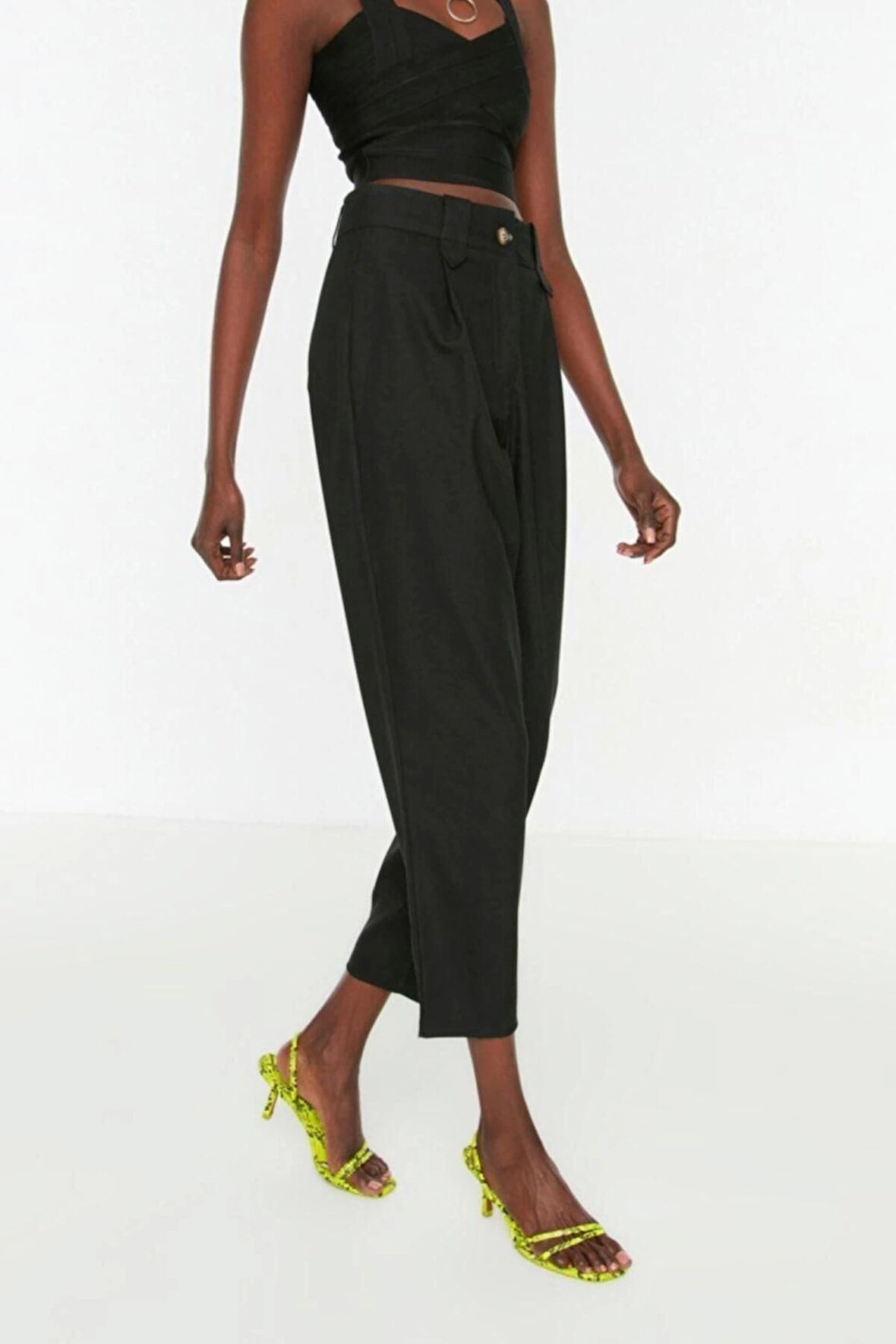 Kadın Yeni Moda Boru Paça Regular Boy Dokuma Havuç Yüksek Bel Poliviskon Pantolon