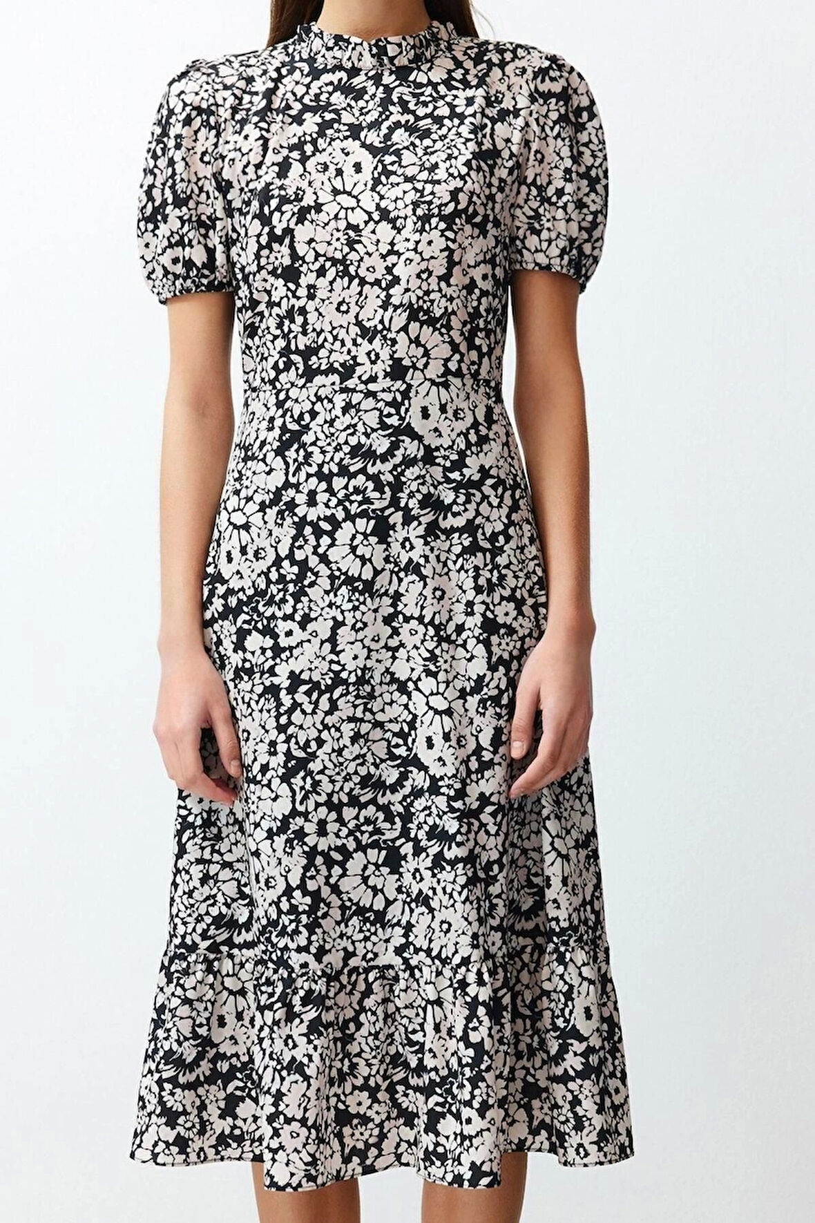 Yeni Regular Casual Günlük Moss Krep Dokuma Dik Yaka Kısa Kol A-Line Midi Boy Elbise