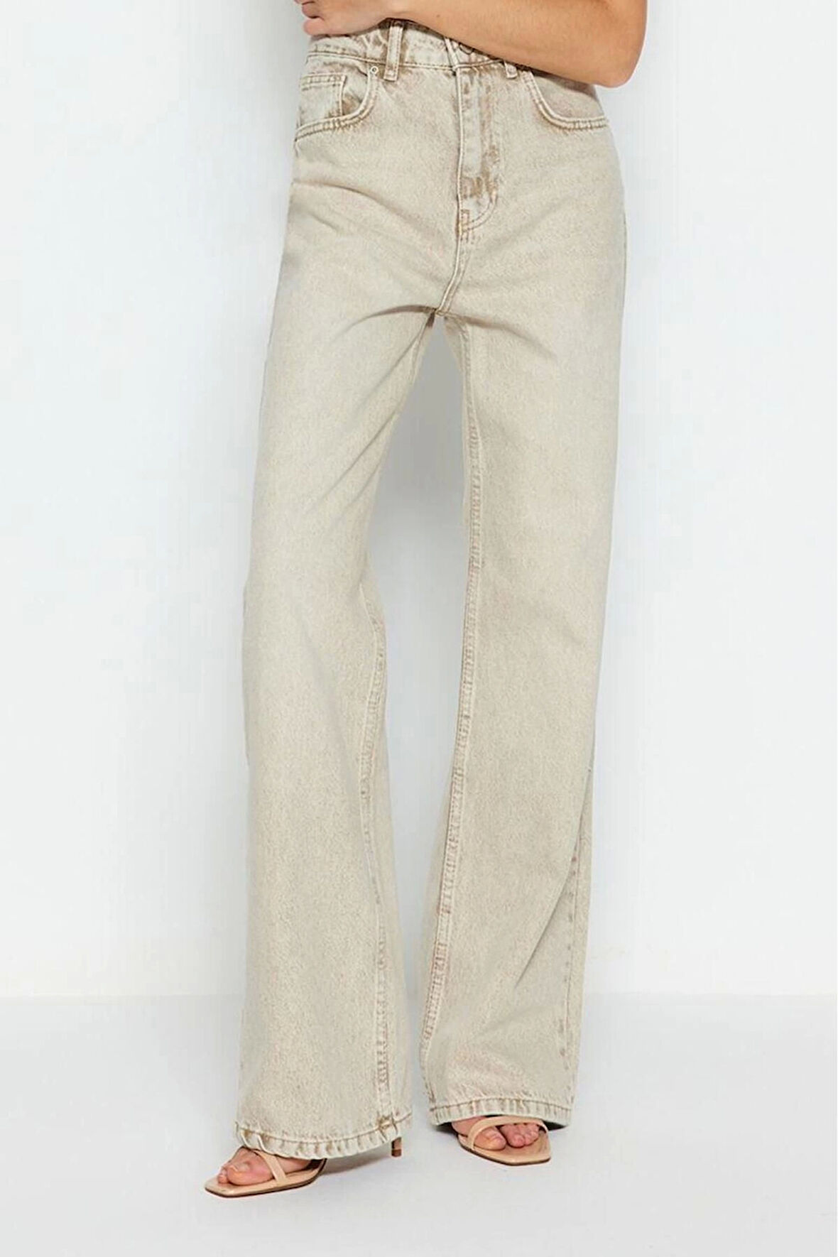 Kadın Moda Şık Kot Pantolon Geniş Paça Uzun Boy Denim Bej Soluk Vintage Normal Bel Jeans