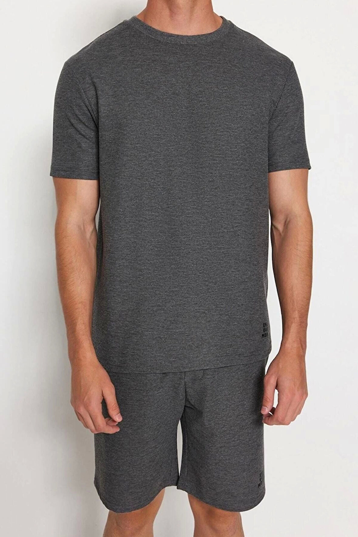 Erkek Pamuklu Bisiklet Yaka Kısa Kol Regular Fit Dokulu Örme Şortlu Pijama Takımı