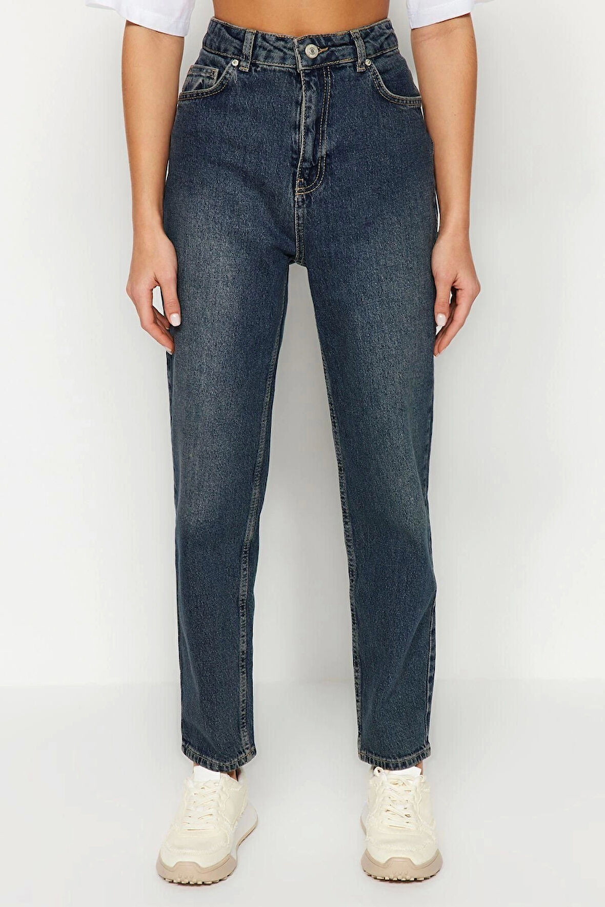 Kadın Moda Şık Kot Pantolon Boru Paça Regular Boy Denim Mavi Yüksek Bel Slim Mom Jeans