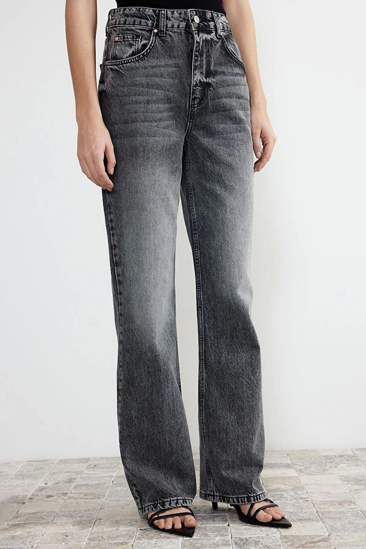 Kadın Moda Şık Kot Pantolon Boru Paça Regular Boy Denim Gri Yüksek Bel Jeans