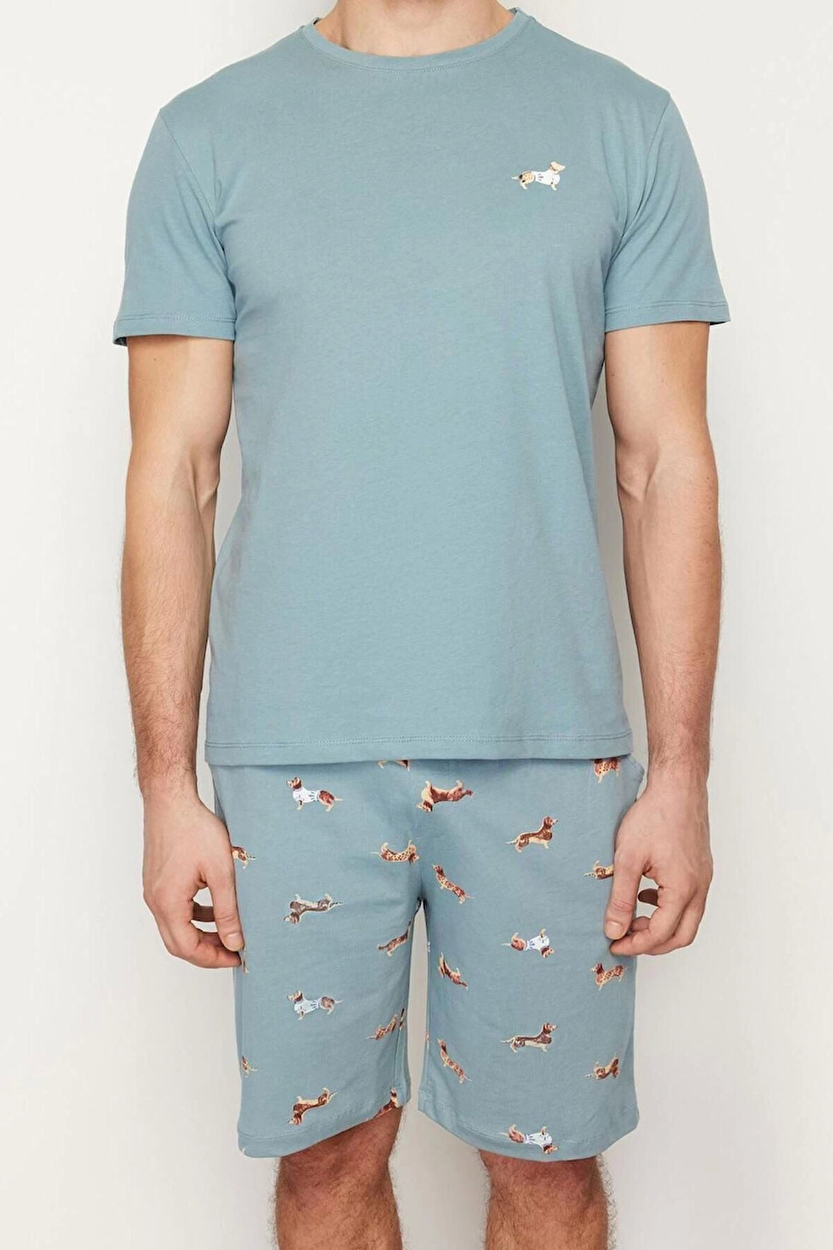 Erkek %100 Pamuk Bisiklet Yaka Kısa Kol Regular Fit Baskılı Örme Şortlu Yazlık Pijama Takımı