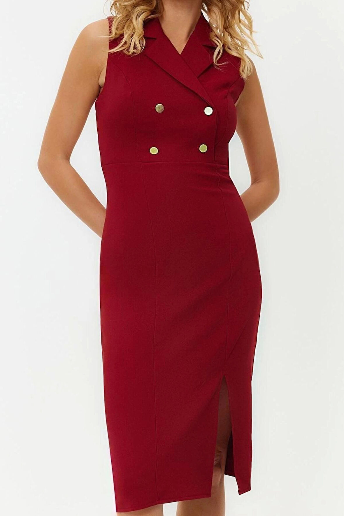 Yeni Regular Gündüz Gece Finike Dokuma Ceket Yaka Kolsuz Kol Bodycone Midi Boy Elbise