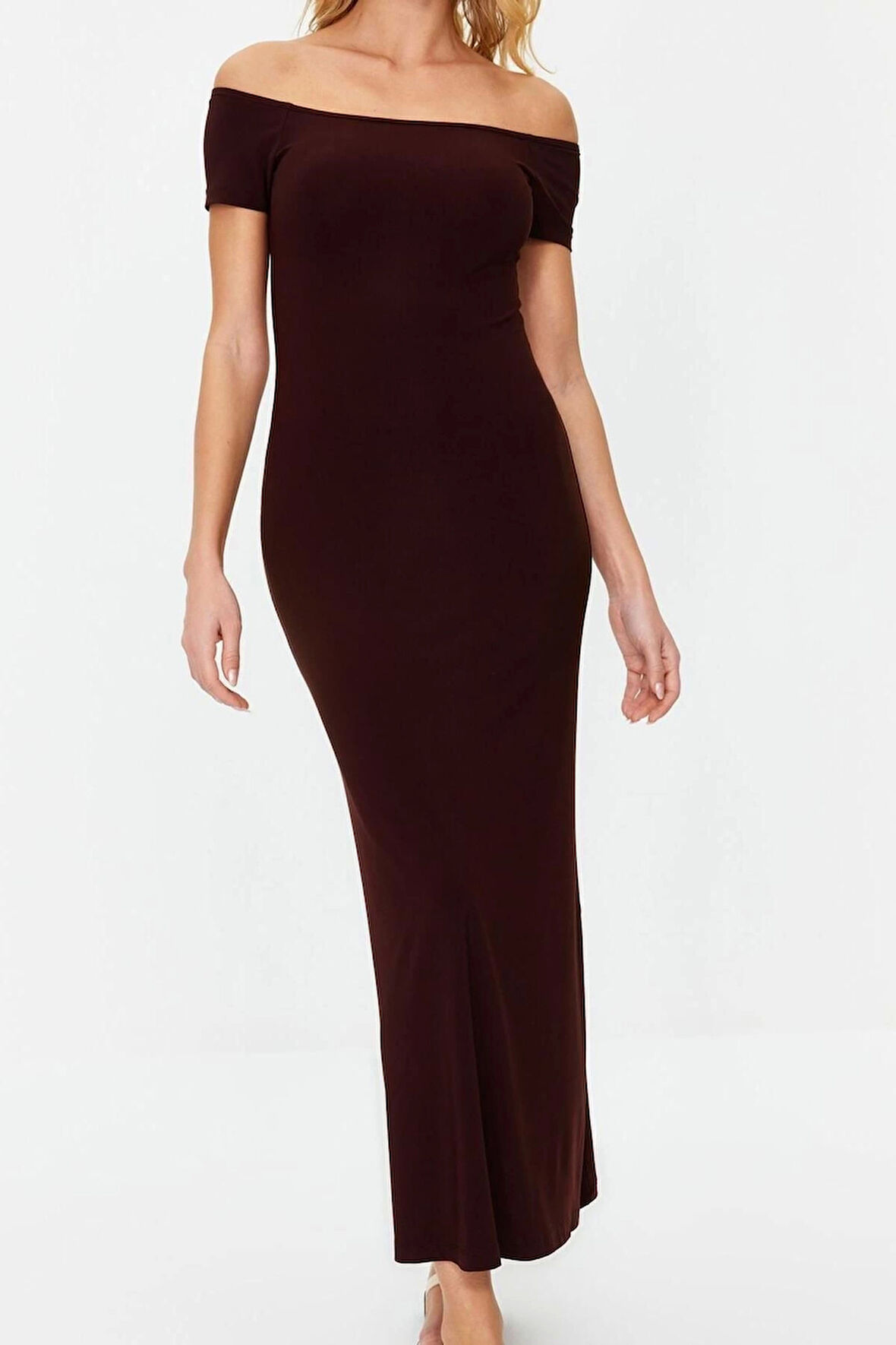 Yeni Slim Casual Günlük Kalın Sandy Örme Carmen Yaka Kısa Kol Bodycone Maxi Boy Elbise