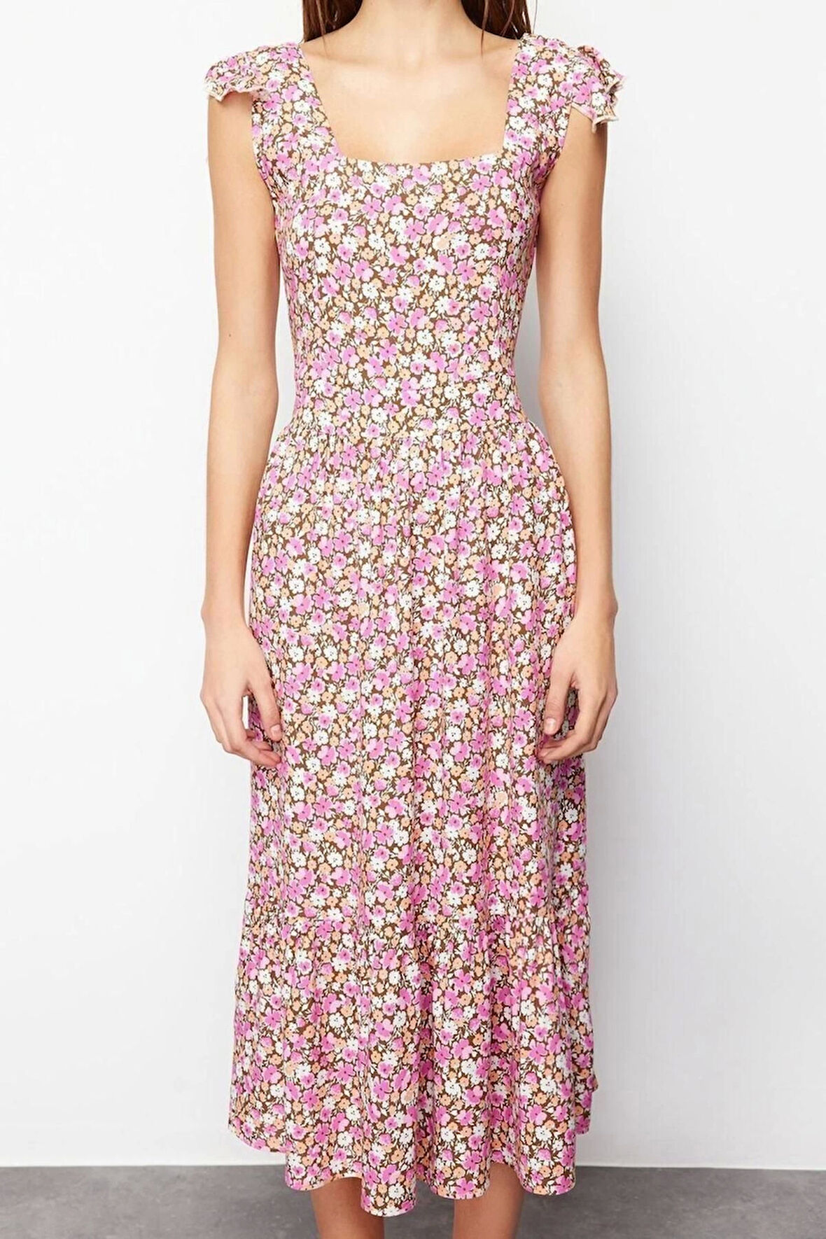 Yeni Regular Casual Günlük Shally Dokuma Kare Yaka Kolsuz Kol A-Line Midi Boy Elbise