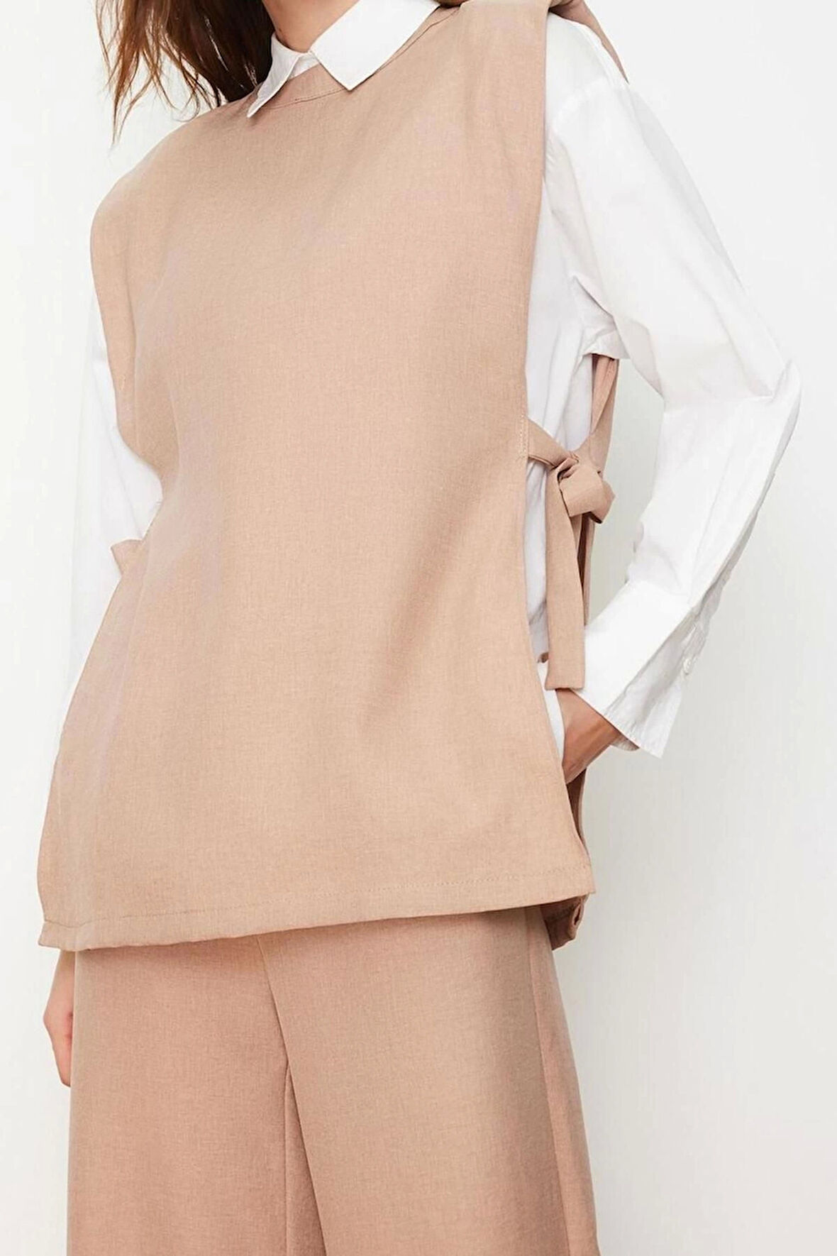 Kadın Moda Şık Geniş Paça Regular Boy Keten Görünümlü Yandan Bağlamalı Dokuma Alt Üst Takım