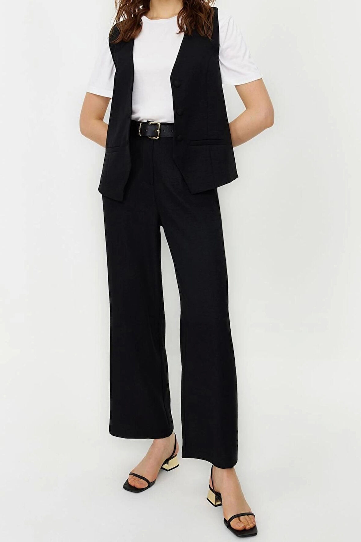 Kadın Moda Şık Geniş Paça Regular Boy Kolsuz Keten Görünümlü Şık Yelek Pantolon Dokuma Alt Üst Takım