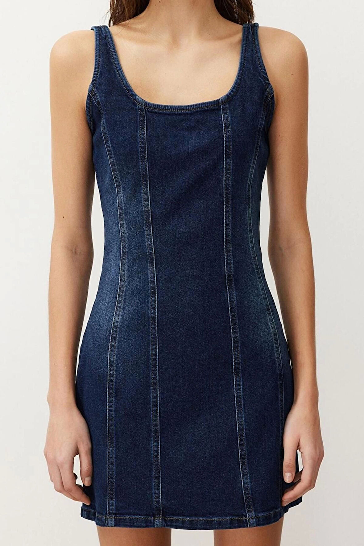 Yeni Fit Casual Günlük Comfort Denim Bisiklet Yaka Kolsuz Kol Basic Midi Boy Elbise