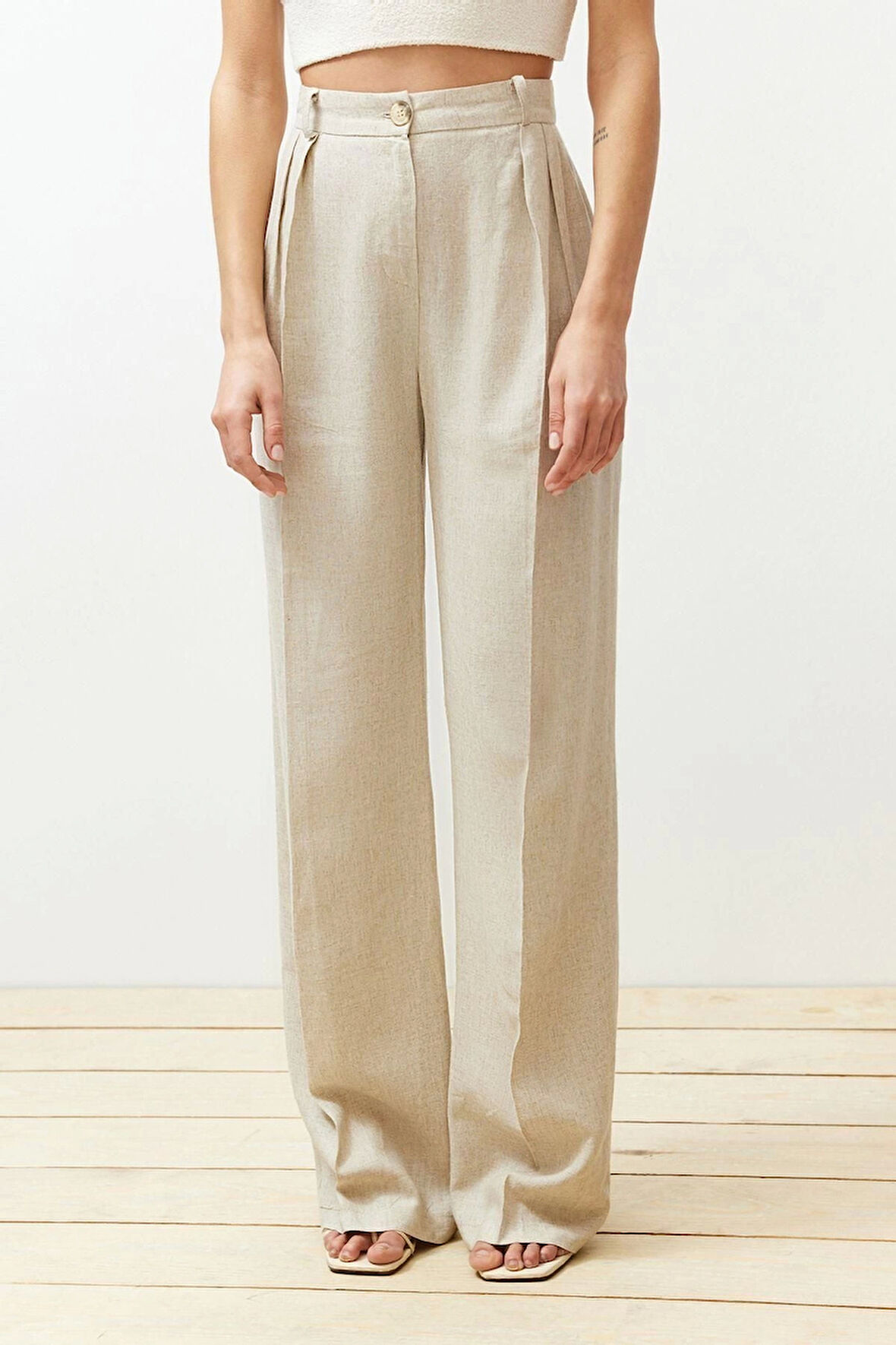 Kadın Yeni Moda Geniş Paça Regular Boy Dokuma Nervürlü Wide Leg Geniş Paça Pamuk Keten Pantolon