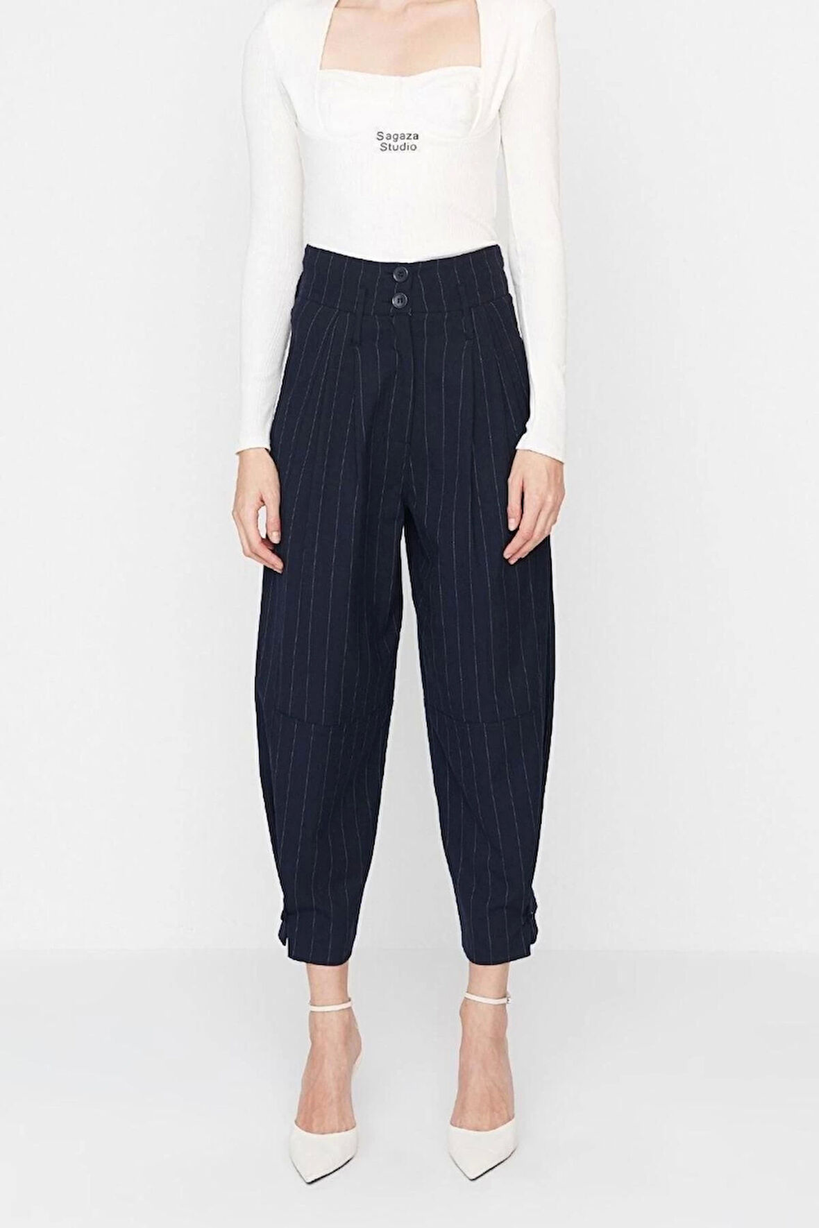 Kadın Yeni Moda Boru Paça Regular Boy Dokuma Çizgili Paça Detaylı Pantolon