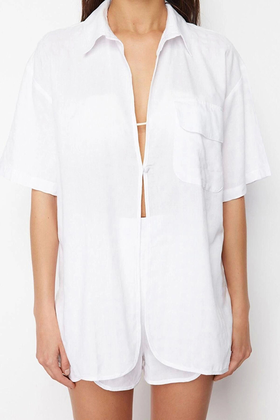 Kadın Moda Şık Regular Kısa Boy Uzun Kollu Beyaz Dokuma Gömlek Şort Takım