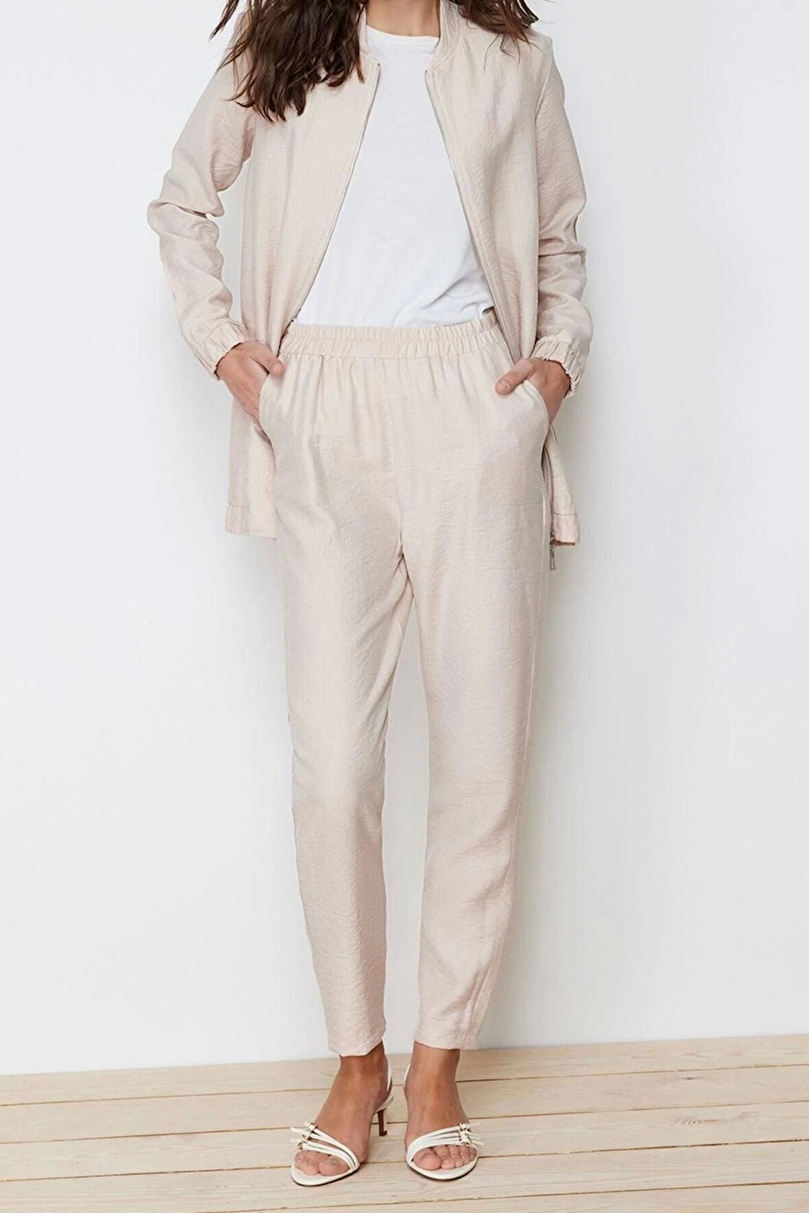 Kadın Moda Şık Regular Boy Uzun Kollu Keten Görünümlü Dokuma Pantolon Tunik Alt Üst Takım