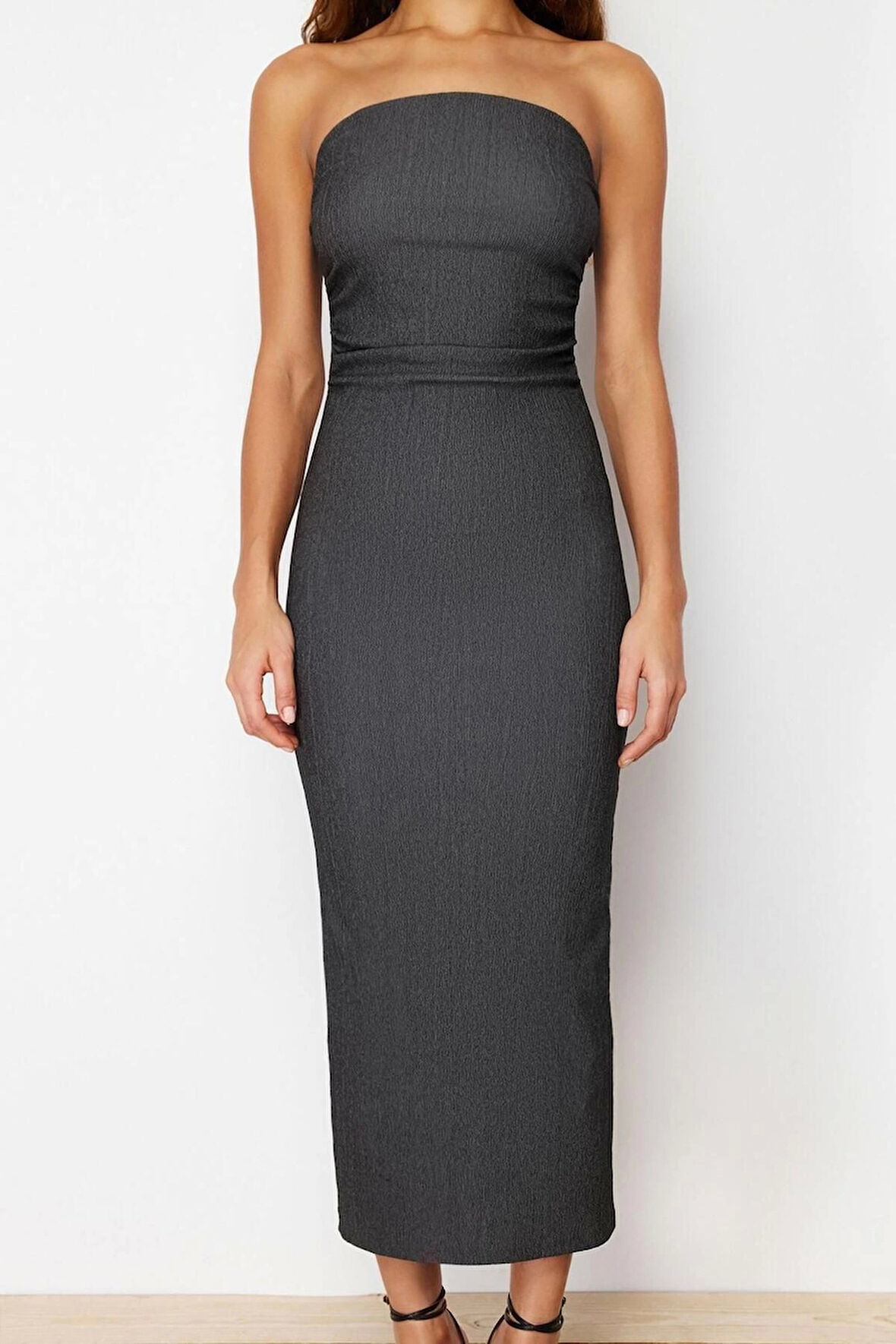Yeni Slim Casual Günlük Bürümcük Örme Straplez Kolsuz Kol Bodycone Midi Boy Elbise