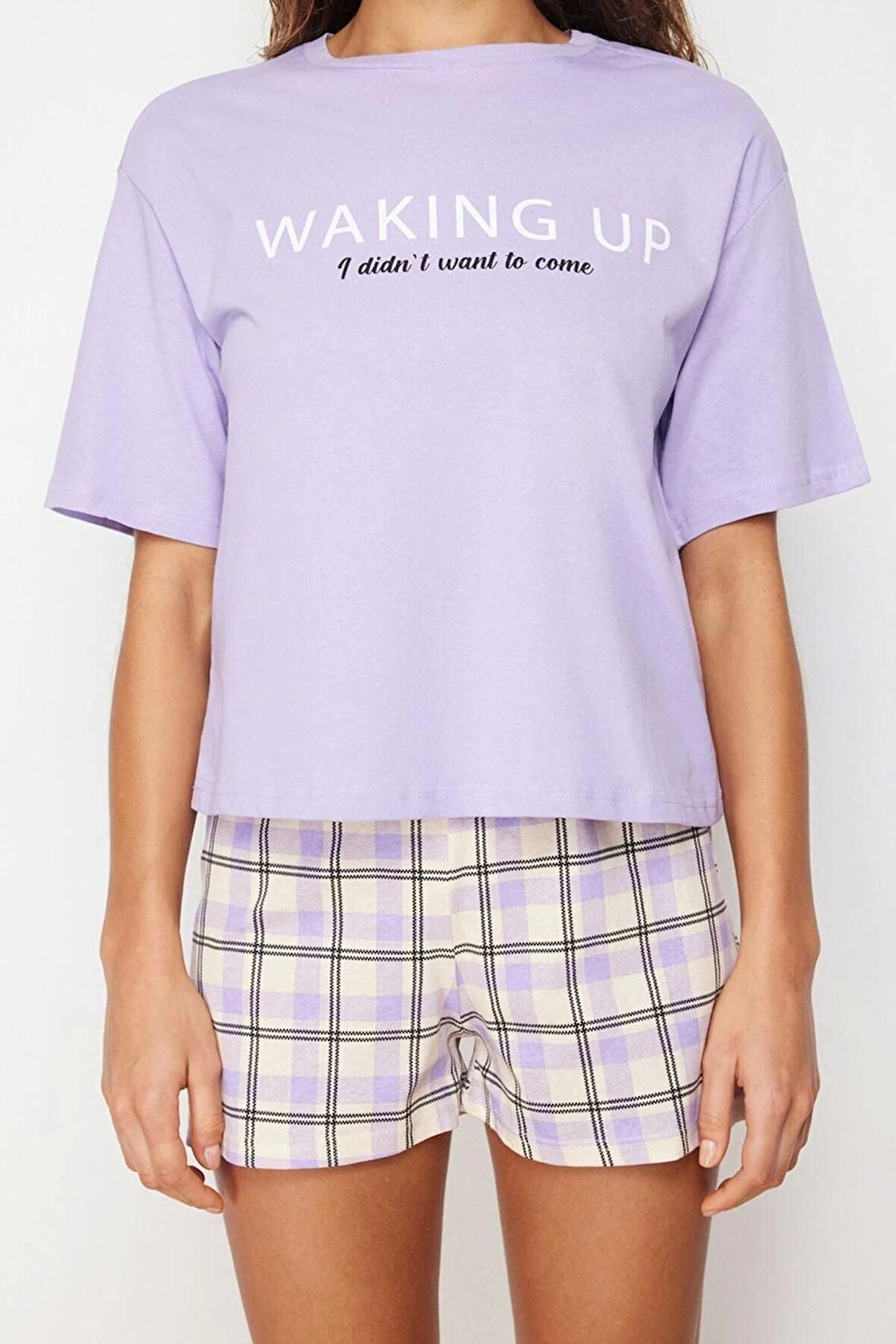 Kadın %100 Pamuk Bisiklet Yaka Kısa Kol %100 Pamuk Slogan Baskılı Örme Pijama Takımı