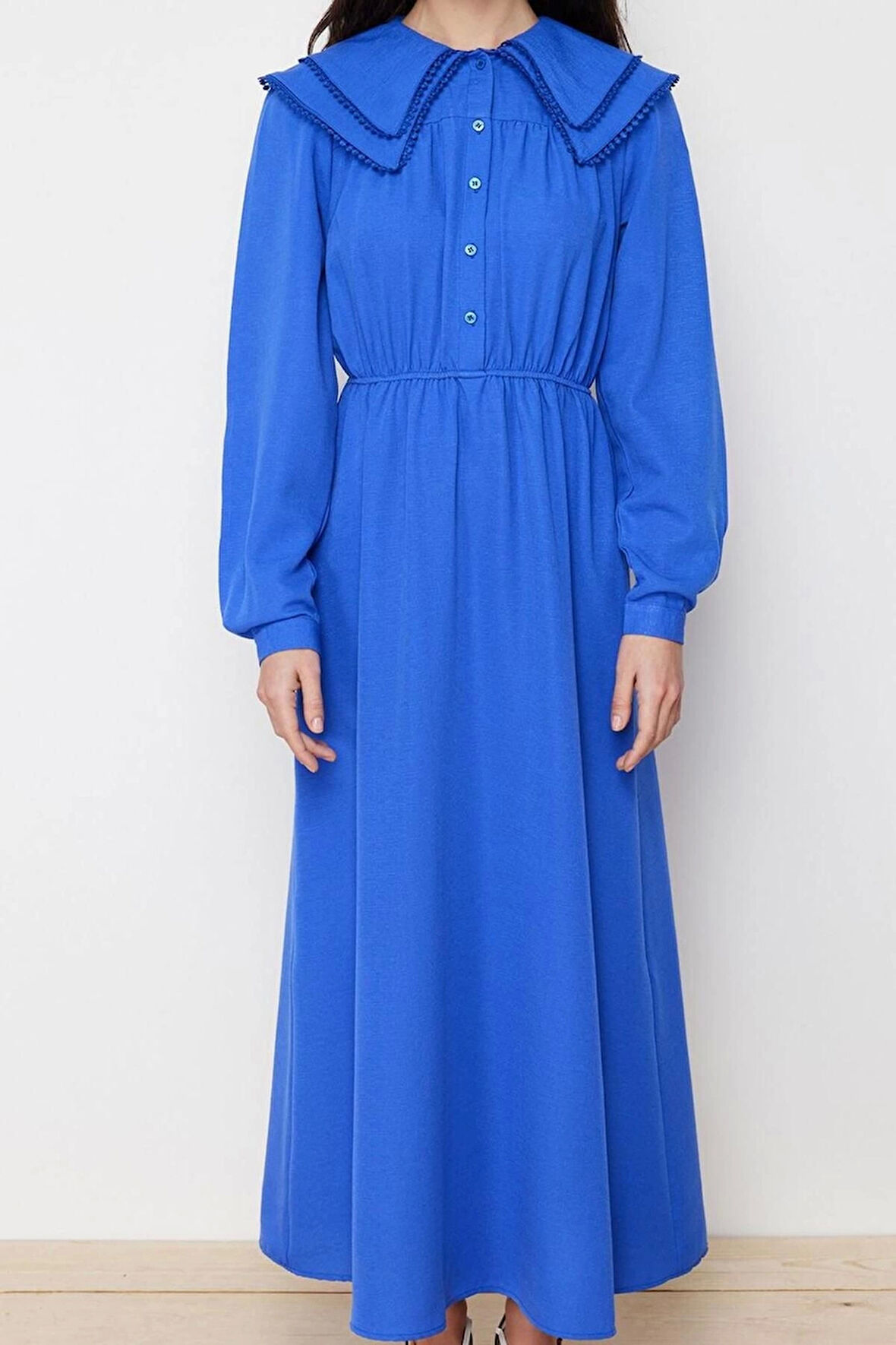 Kadın Moda Şık Tesettür Maxi Boy Bebe Yaka Regular lı Keten Görünümlü Dokuma Elbise