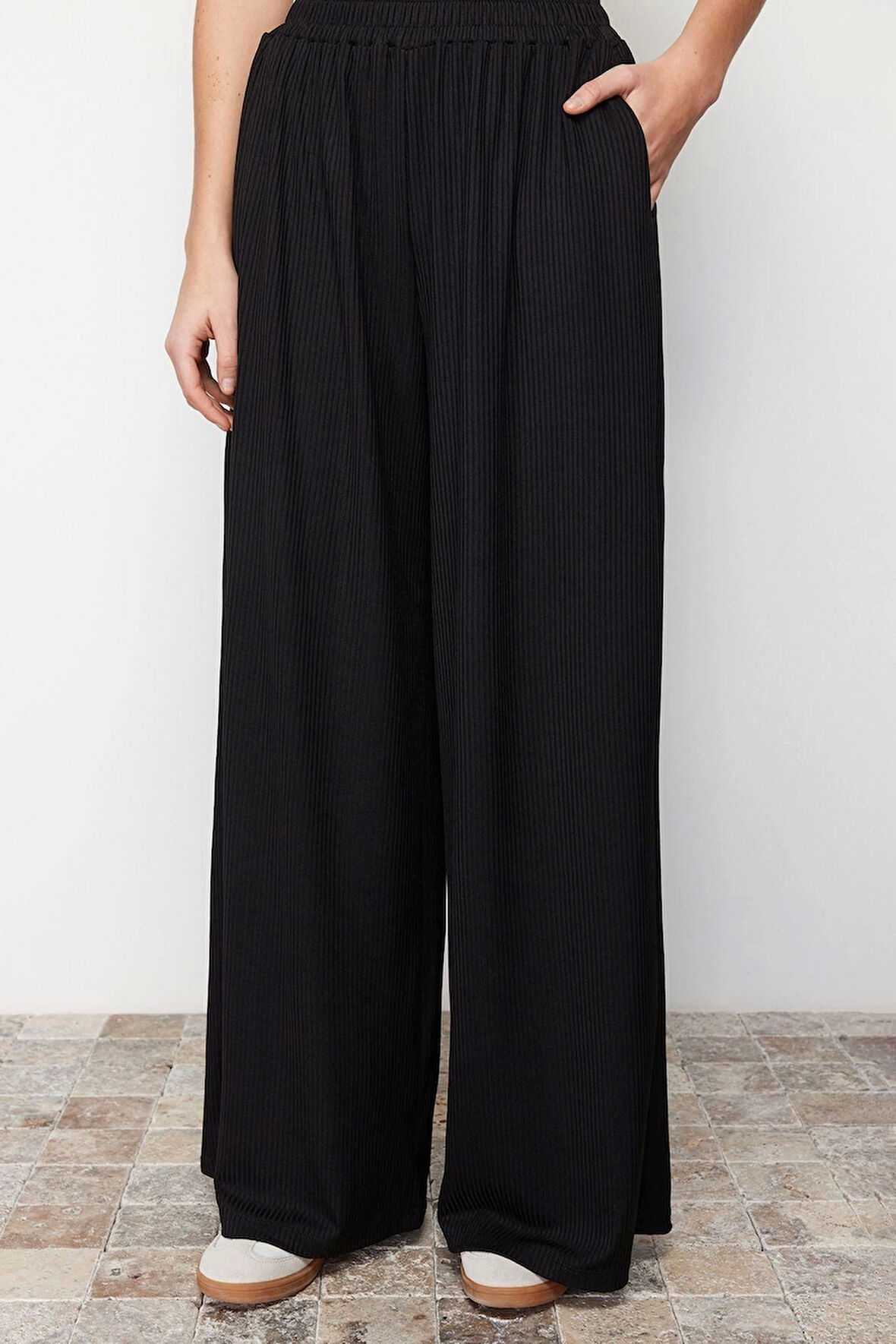 Kadın Yeni Moda Geniş Paça Regular Boy Örme Wide Leg Fitilli Esnek Örme Pantolon