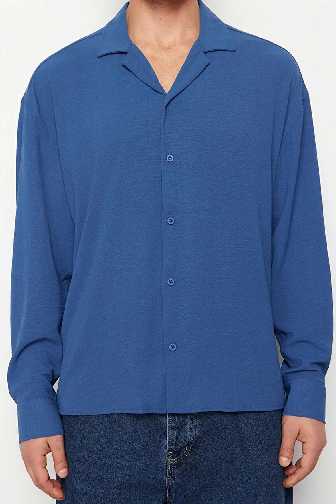 Erkek Moda Uzun Kol Dokuma Yeşil Oversize Fit Apaş Yaka Yazlık Keten Görünümlü Gömlek
