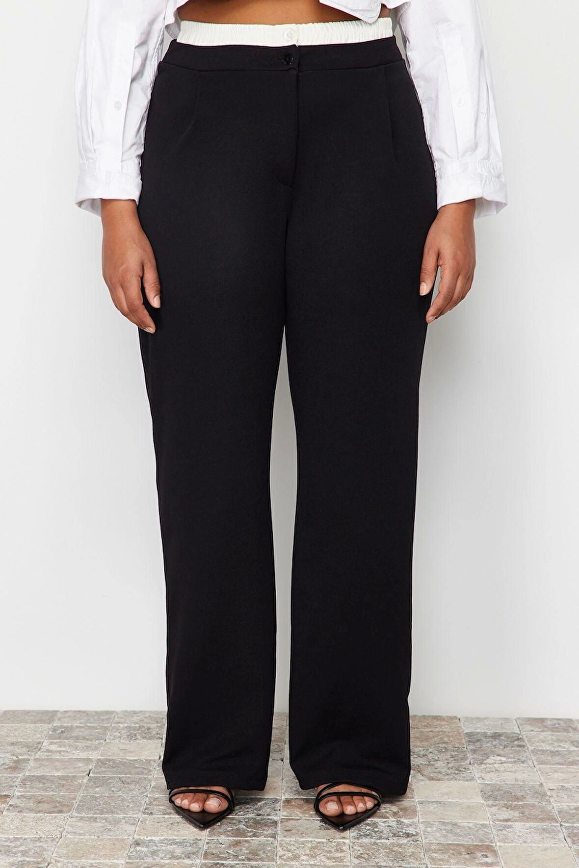 Kadın Yeni Moda Büyük Beden Geniş Paça Uzun Boy Örme Bel Detaylı Örme Pantolon