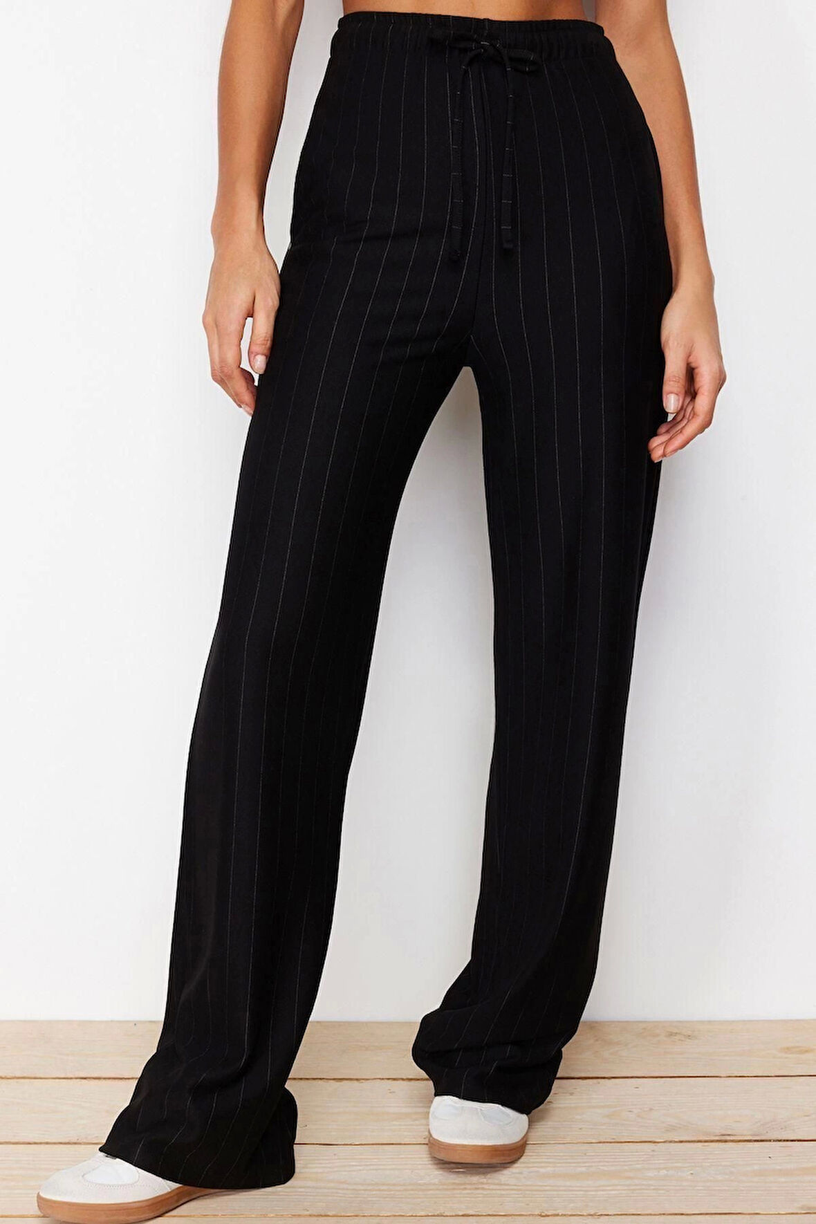 Kadın Yeni Moda Boru Paça Regular Boy Örme Kalın Çizgili Düz Kesim Esnek Pantolon