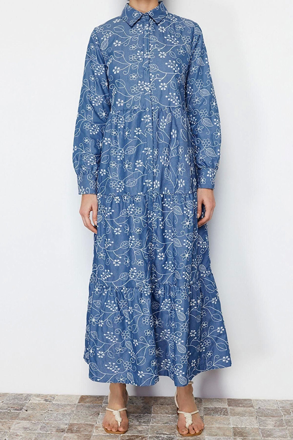 Yeni Gömlek Elbise Günlük Brode Dokuma Gömlek Yaka Uzun Kol Gömlek Elbise Maxi Boy Tesettür Elbise