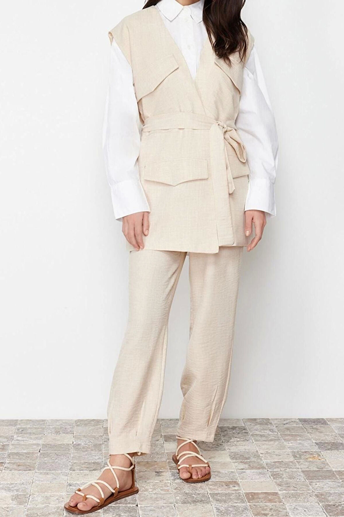 Kadın Moda Şık Regular Boy Kolsuz Keten Görünümlü Yelek Pantolon Dokuma Alt Üst Takım
