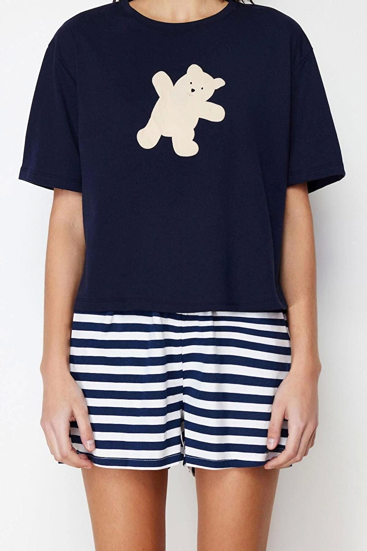 Kadın %100 Pamuk Bisiklet Yaka Kısa Kol %100 Pamuk Ayıcık Baskılı Örme Pijama Takımı