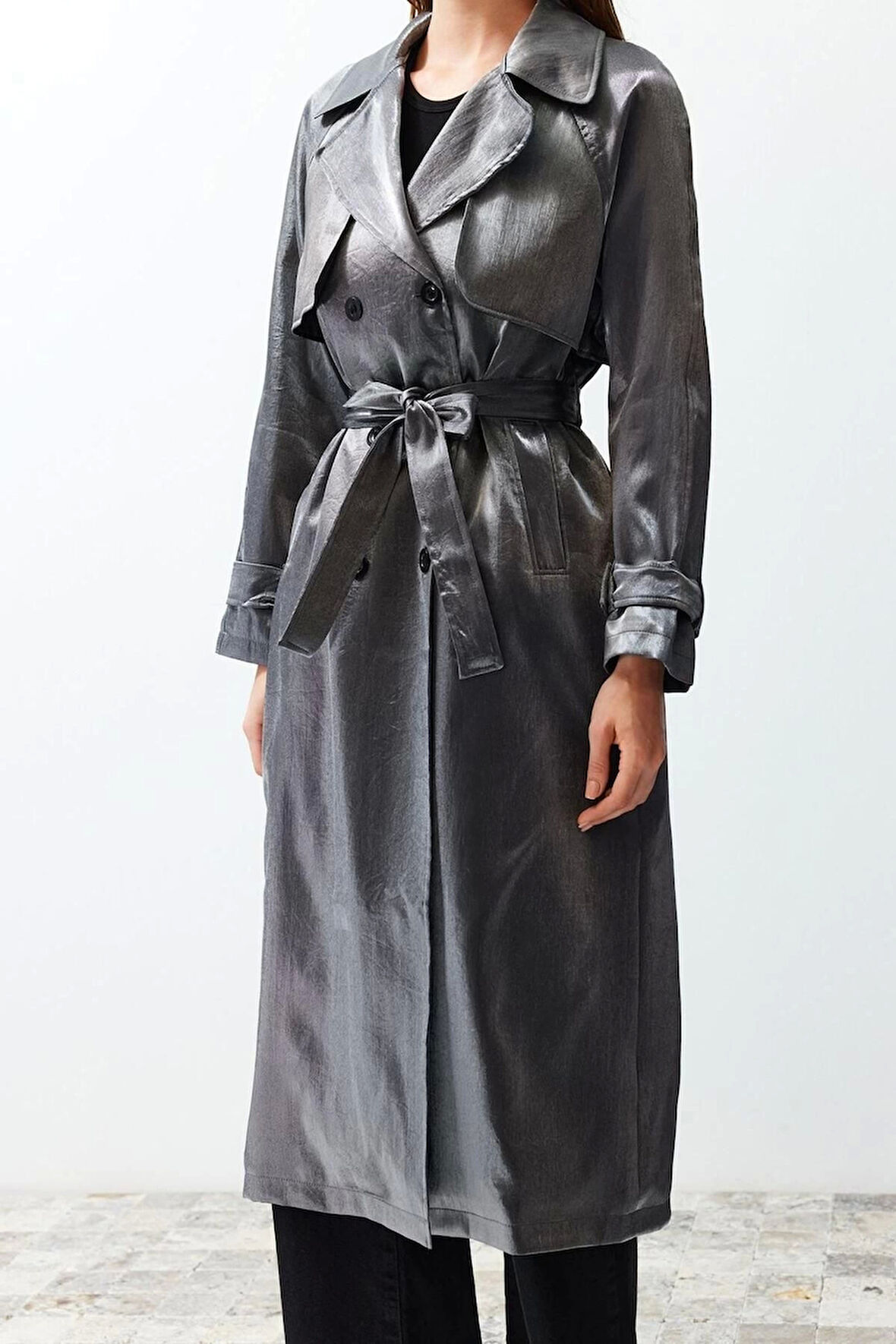 Kadın Moda Şık Oversize Ceket Yaka Uzun Düz Astarlı Oversize Geniş Kesim Kuşaklı Trençkot