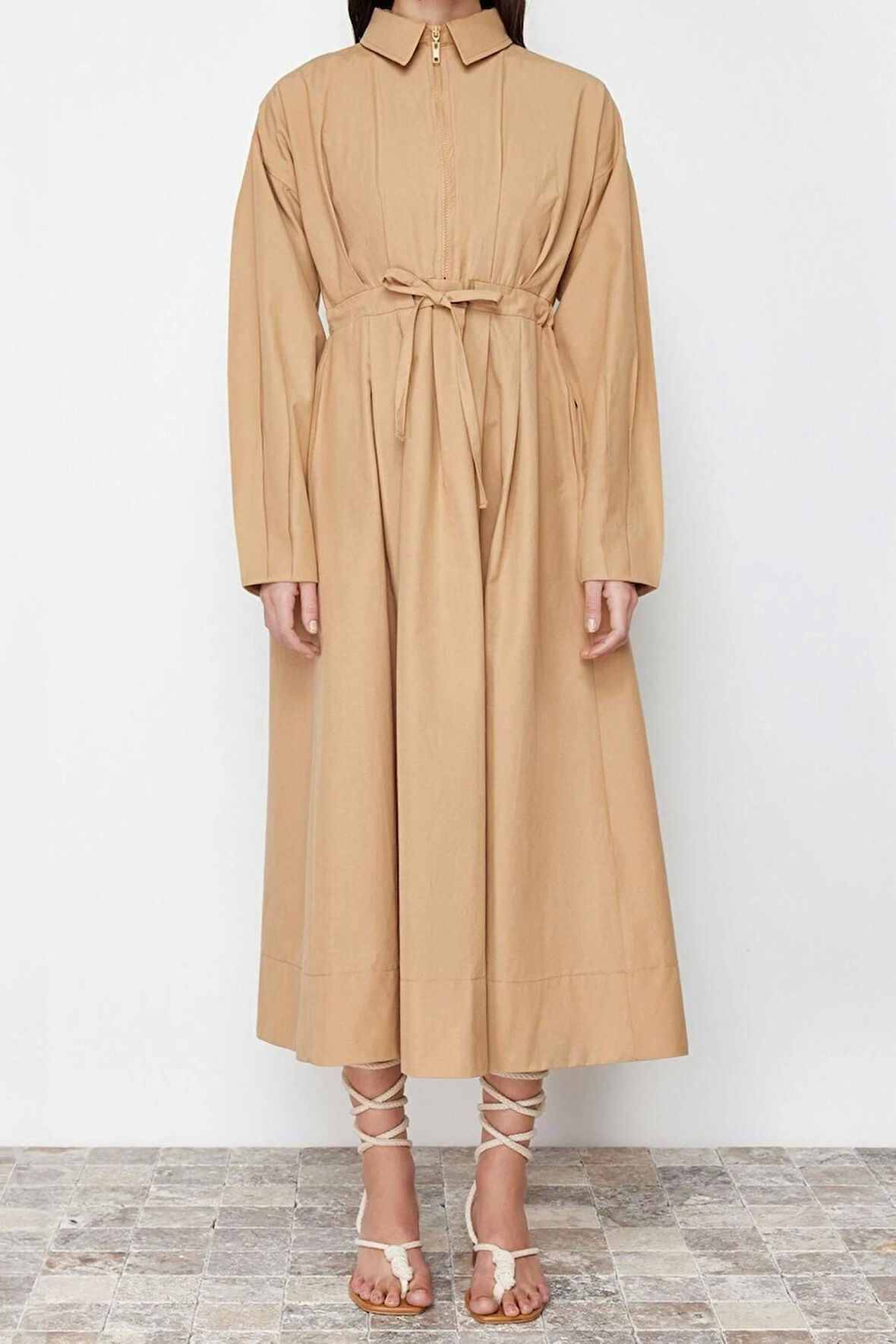 Yeni Regular Casual Günlük Poplin Dokuma Ceket Yaka Uzun Kol A-Line Maxi Boy Tesettür Elbise