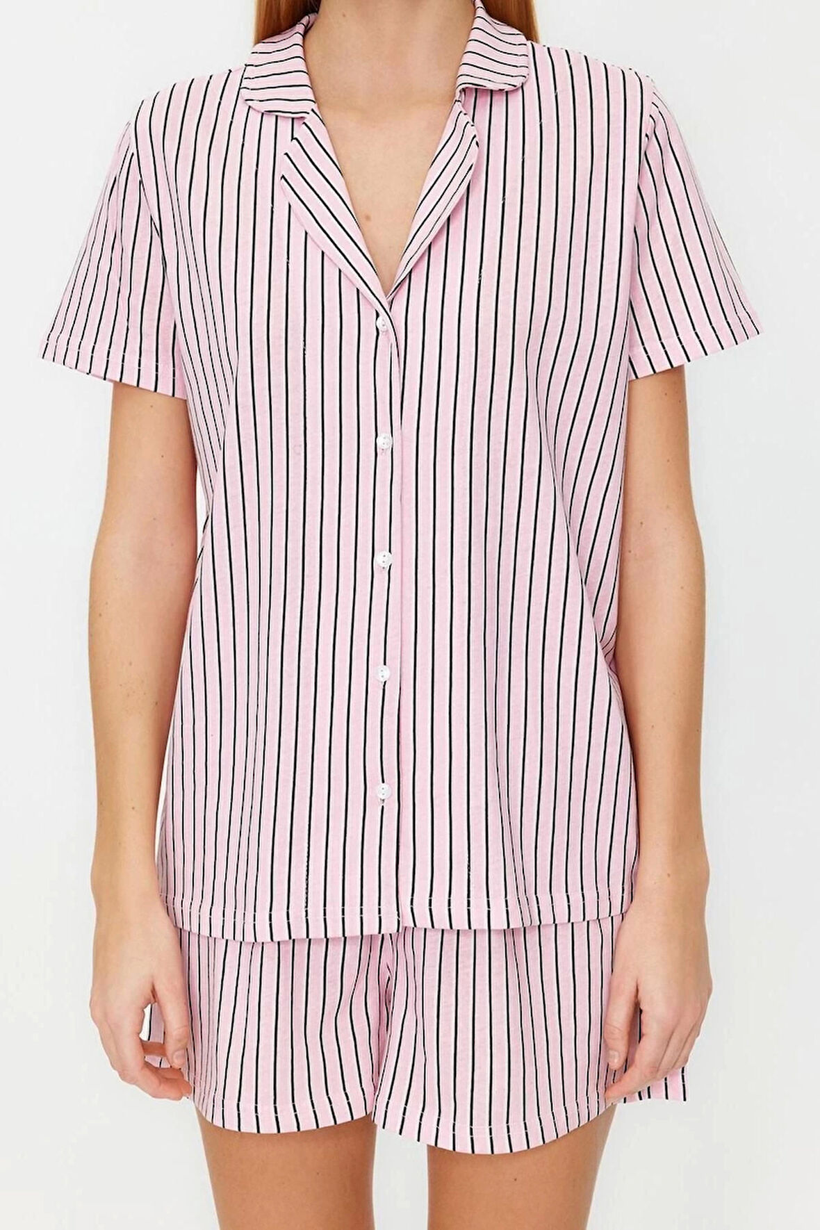 Kadın %100 Pamuk Gömlek Yaka Kısa Kol %100 Pamuk Çizgili Örme Pijama Takımı