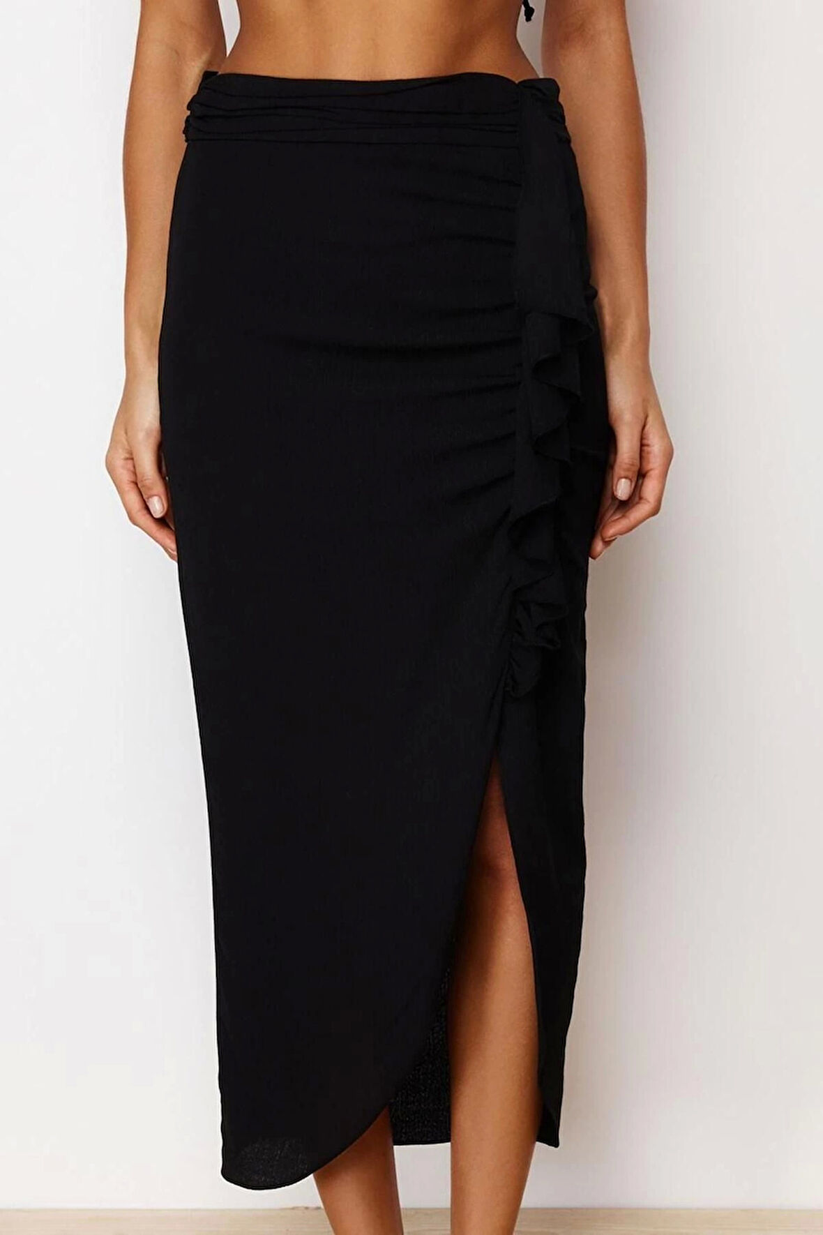 Kadın Moda Stil Maxi Astarsız Dokuma Siyah Midi Dokuma Volanlı Etek