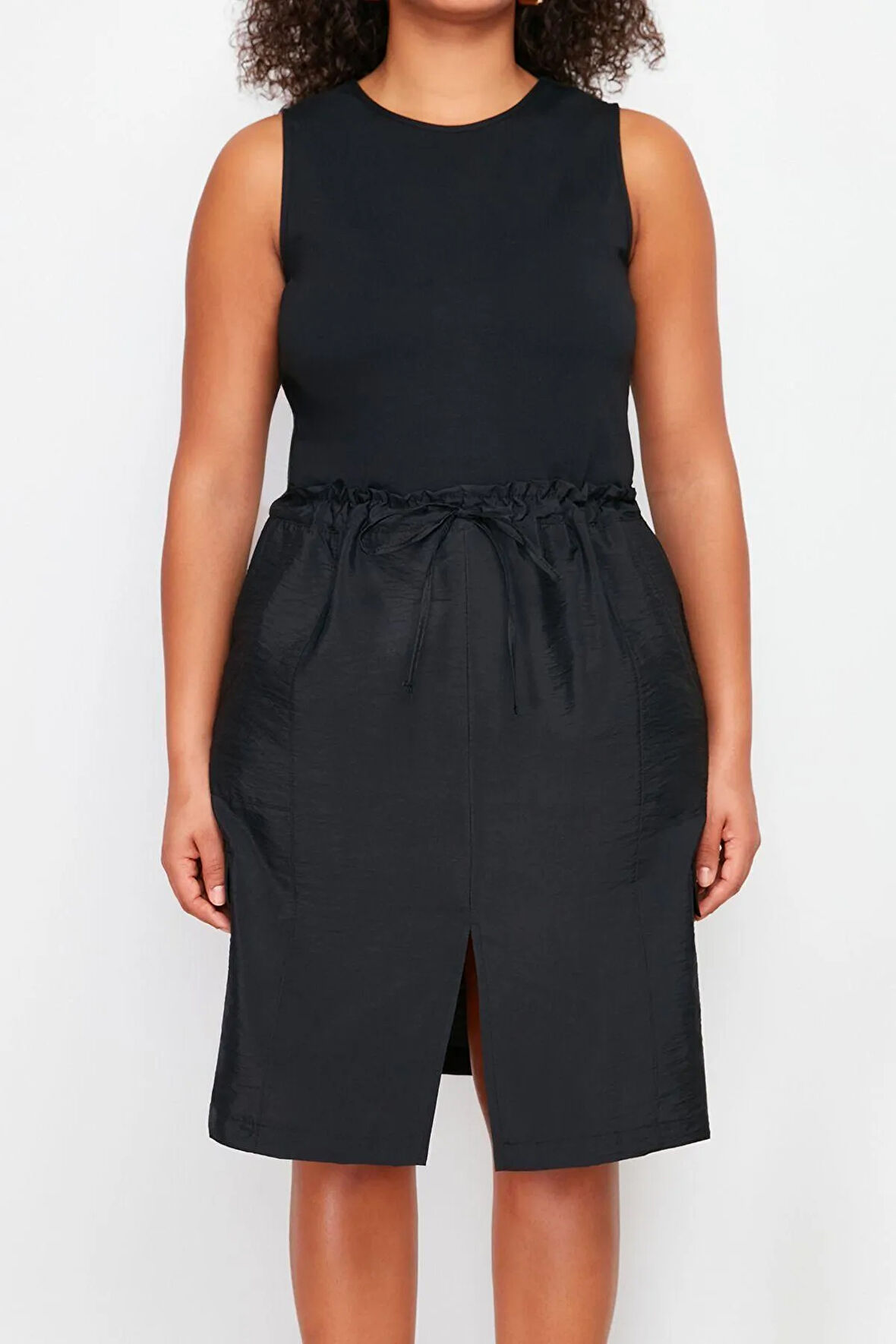 Yeni Oversize Günlük Süprem Dokuma Bisiklet Yaka Askılı Kol A-Line Mini Boy Büyük Beden Elbise