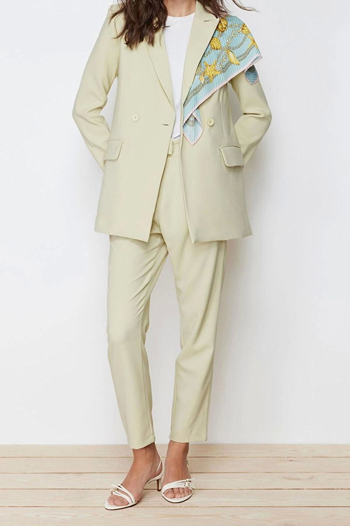 Kadın Moda Şık Boru Paça Regular Boy Uzun Kollu Blazer Ceket-Pantolon Dokuma Alt-Üst Takım