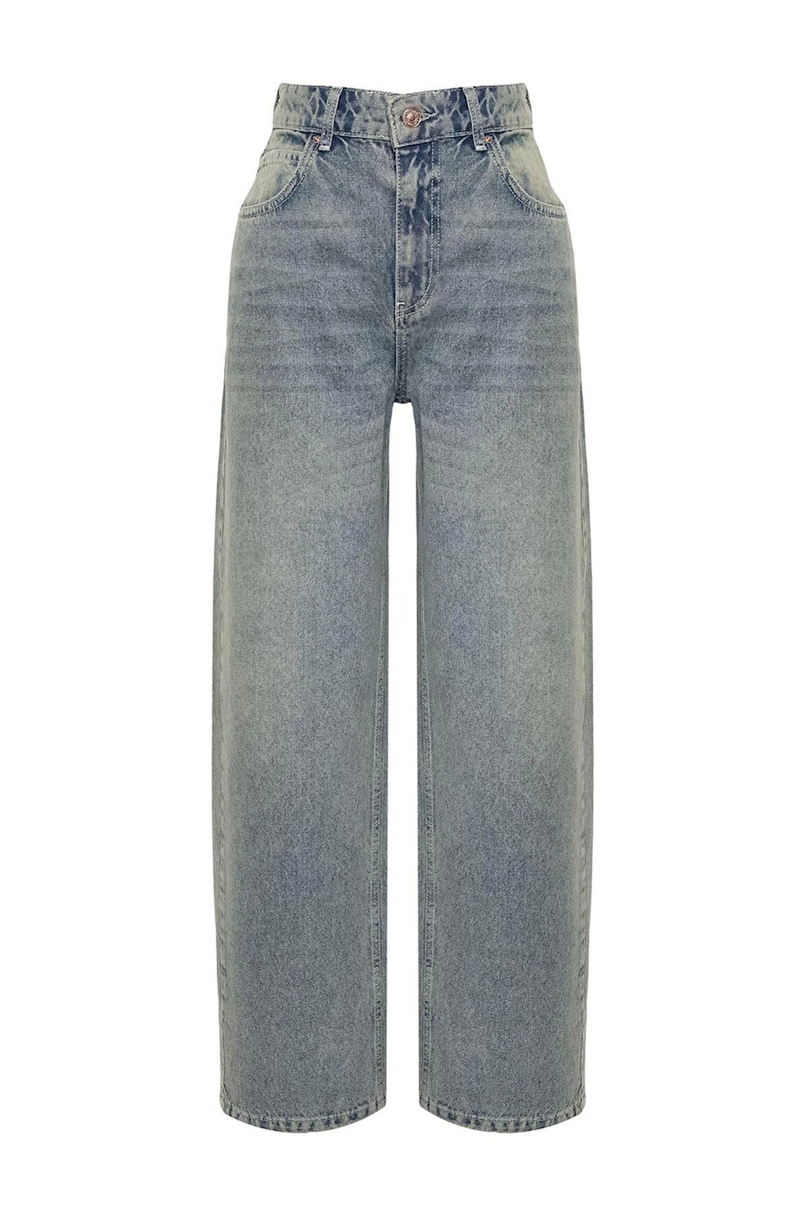 Kadın Moda Şık Kot Pantolon Geniş Paça Regular Boy Denim Mavi Soluk Vintage Düşük Bel