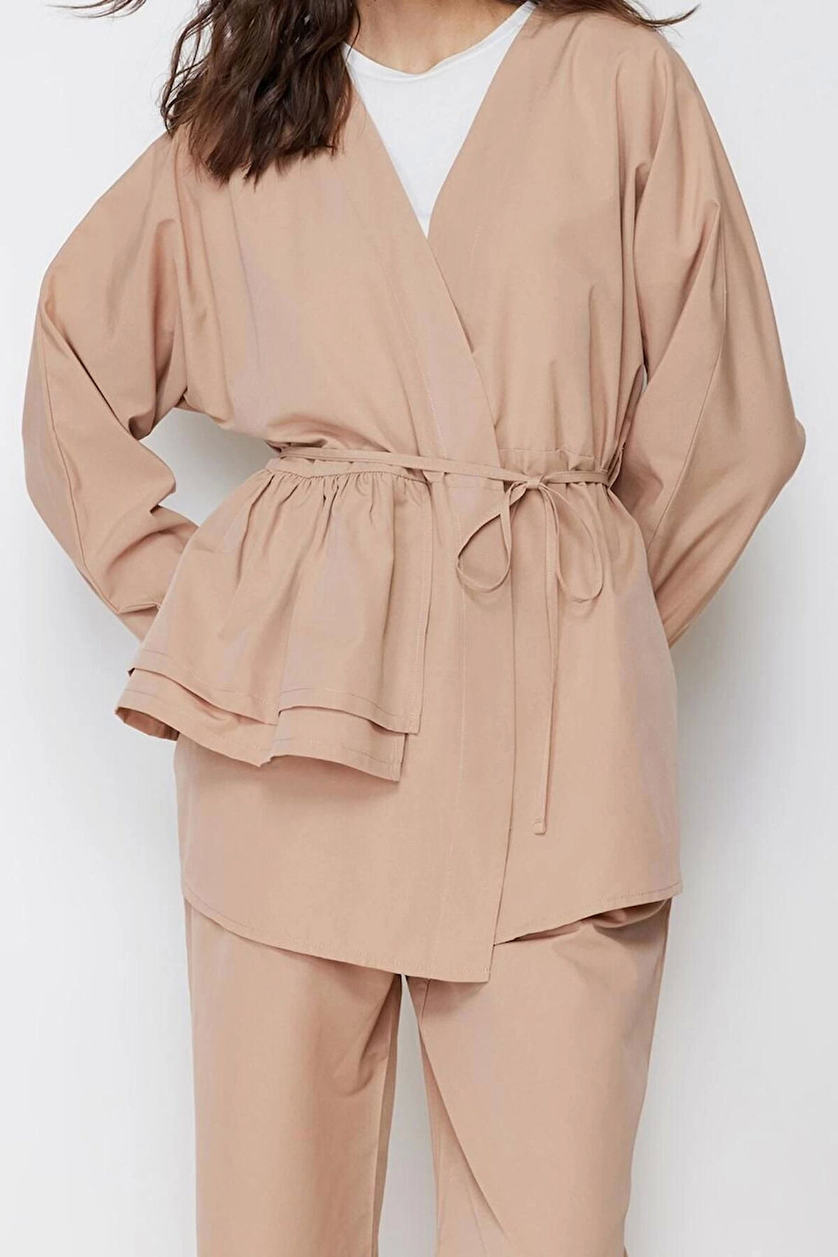 Kadın Moda Şık Regular Boy Uzun Kollu Pamuklu Dokuma Kimono Pantolon Alt Üst Takım