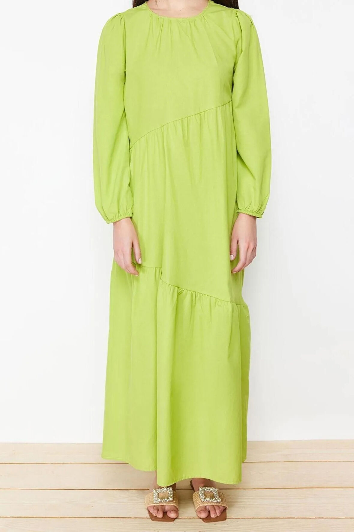 Yeni Regular Casual Günlük Terrycotton Dokuma Bisiklet Yaka Uzun Kol A-Line Maxi Boy Tesettür Elbise