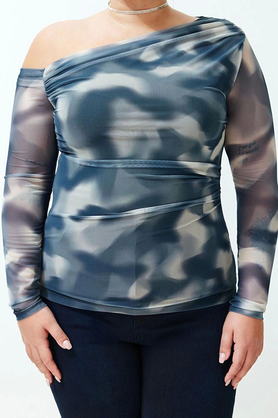 Kadın Moda Şık Büyük Beden Regular Asimetrik Yaka Slim Kalıp Örme Mesh Bluz