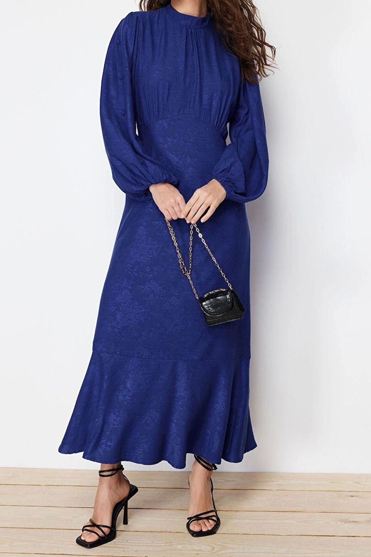 Yeni Regular Casual Günlük Jakar Dokuma Bisiklet Yaka Uzun Kol A-Line Maxi Boy Tesettür Elbise