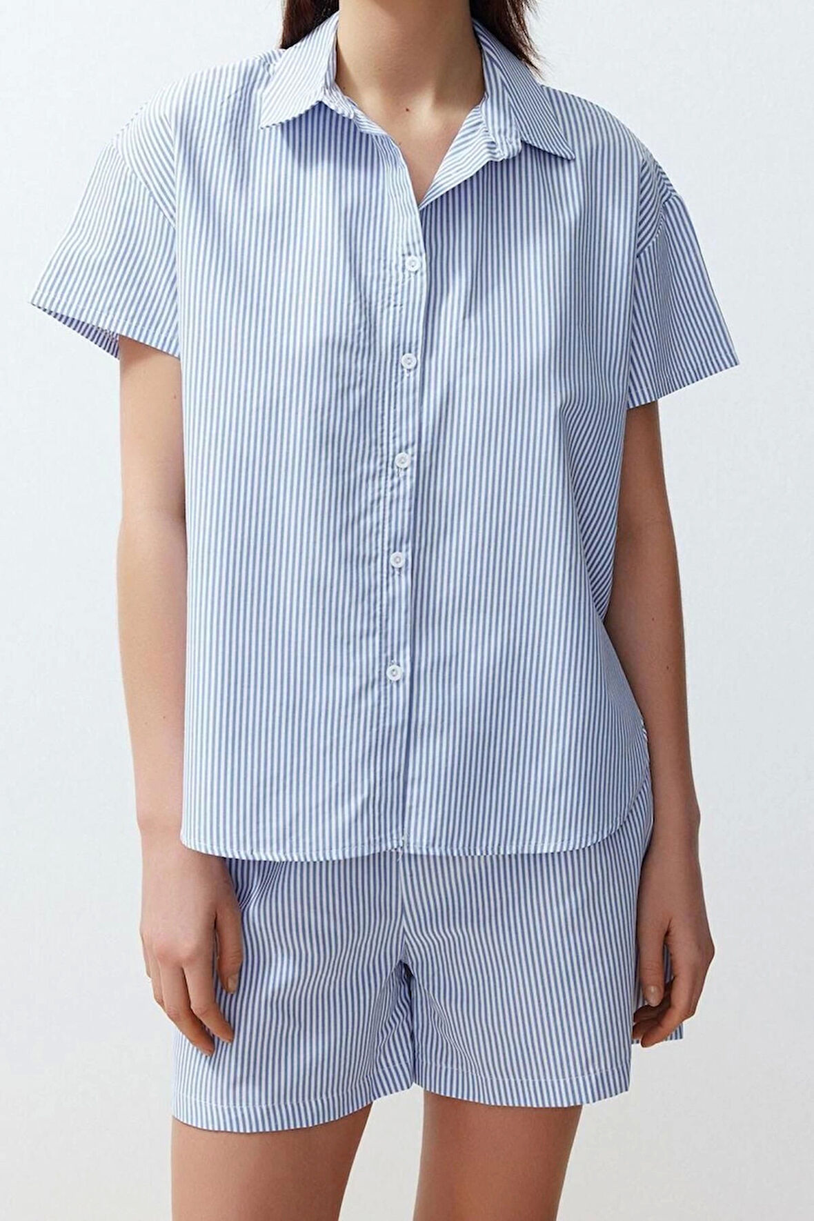 Kadın Pamuk Polyester Gömlek Yaka Kısa Kol Pamuklu Çizgili Dokuma Pijama Takımı