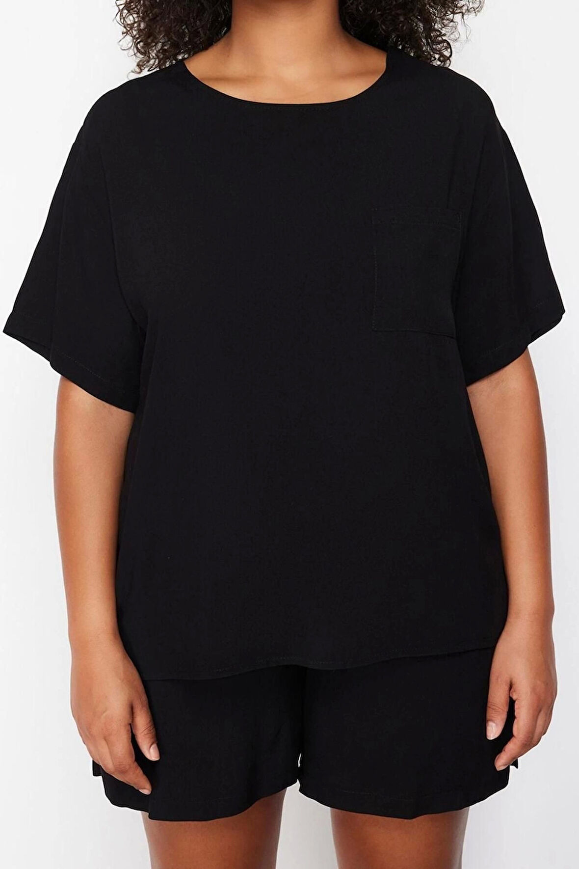 Büyük Beden Kadın Viskon Bisiklet Yaka Kısa Kol Bisiklet Yaka Dokuma Pijama Takımı