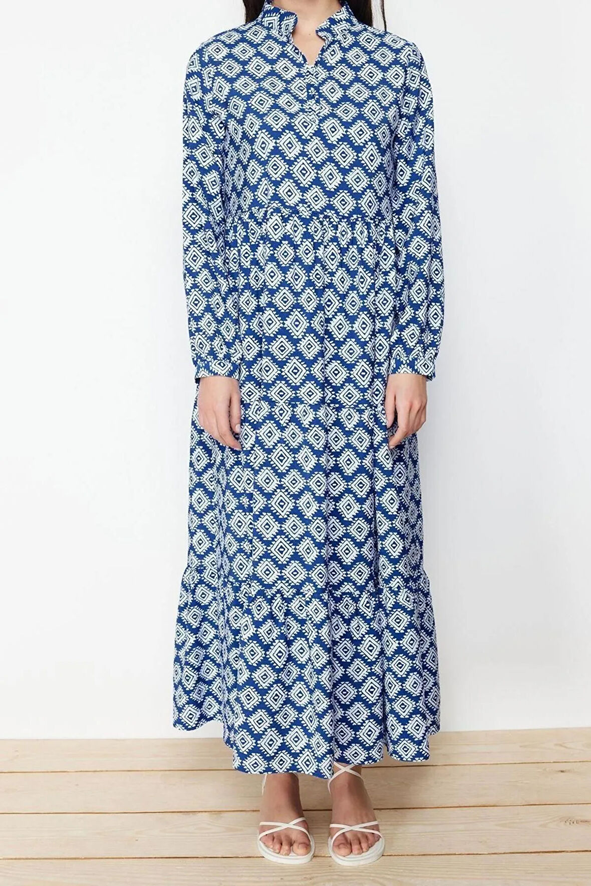 Yeni Regular Casual Günlük Lilyum Dokuma Gömlek Yaka Uzun Kol A-Line Maxi Boy Tesettür Elbise
