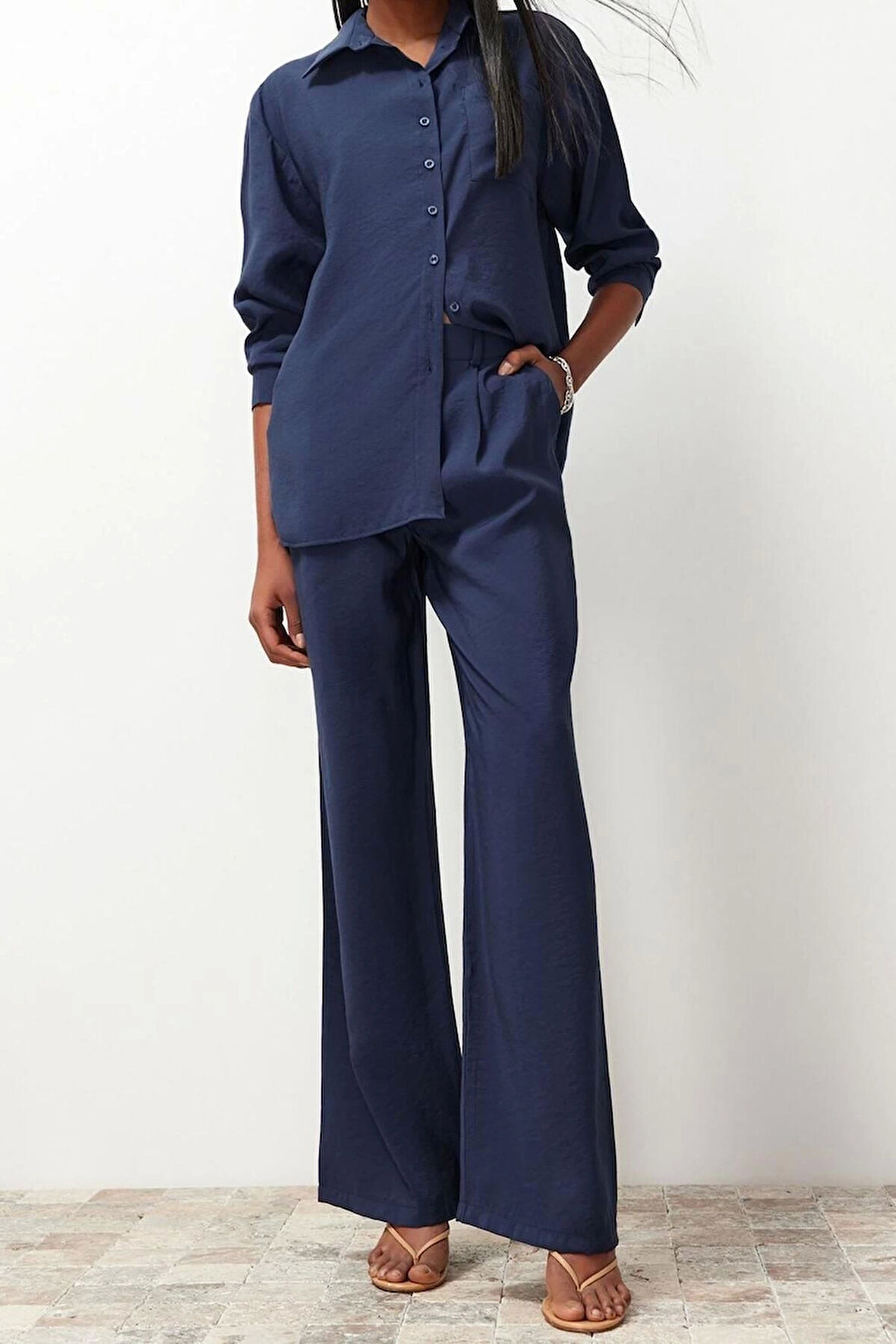 Kadın Moda Şık Regular Uzun Boy Uzun Kollu Modal Karışımlı Dokuma Gömlek-Pantolon Takım