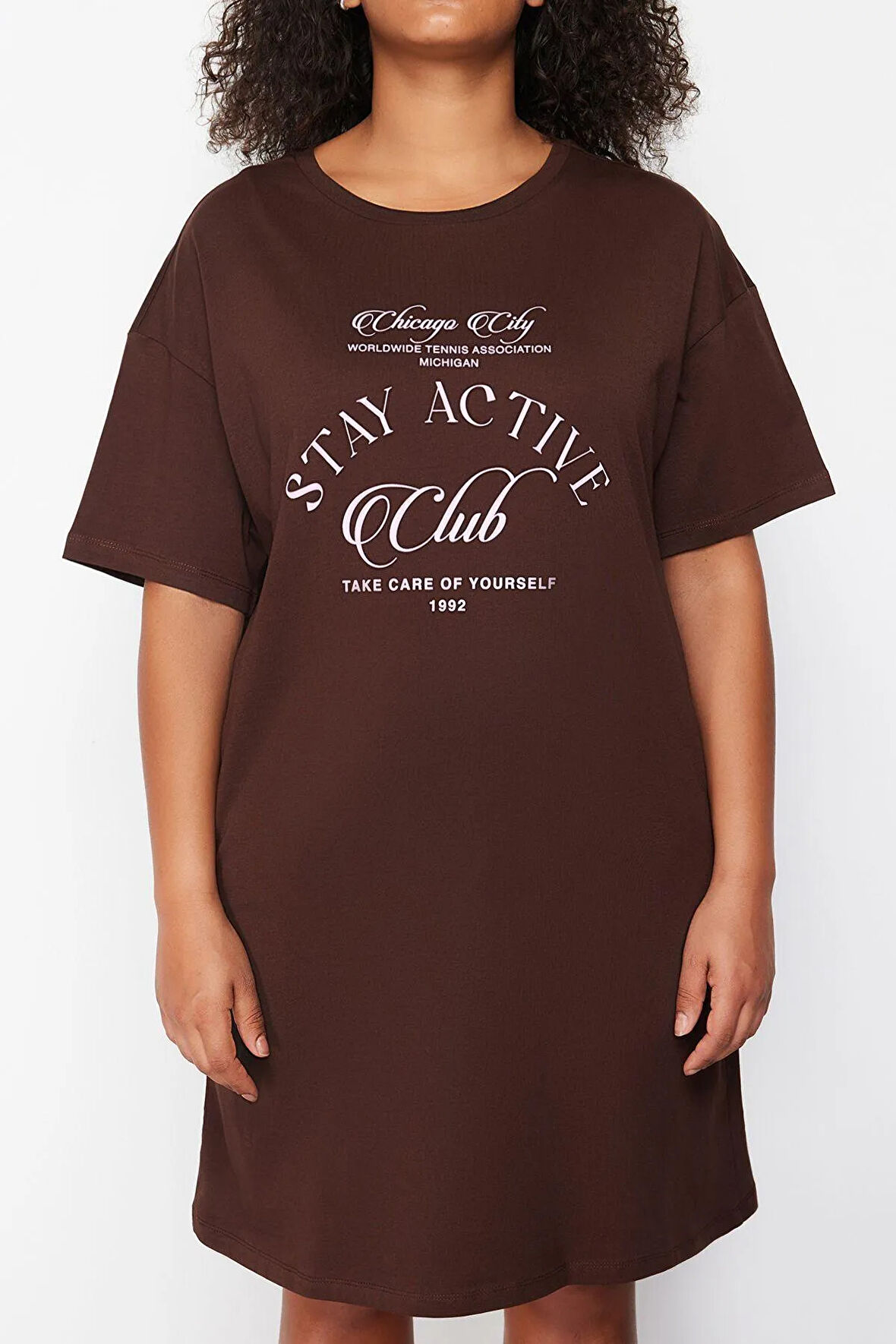 Yeni Rahat Günlük Süprem Örme Bisiklet Yaka Kısa Kol T-Shirt Elbise Mini Boy Büyük Beden Elbise