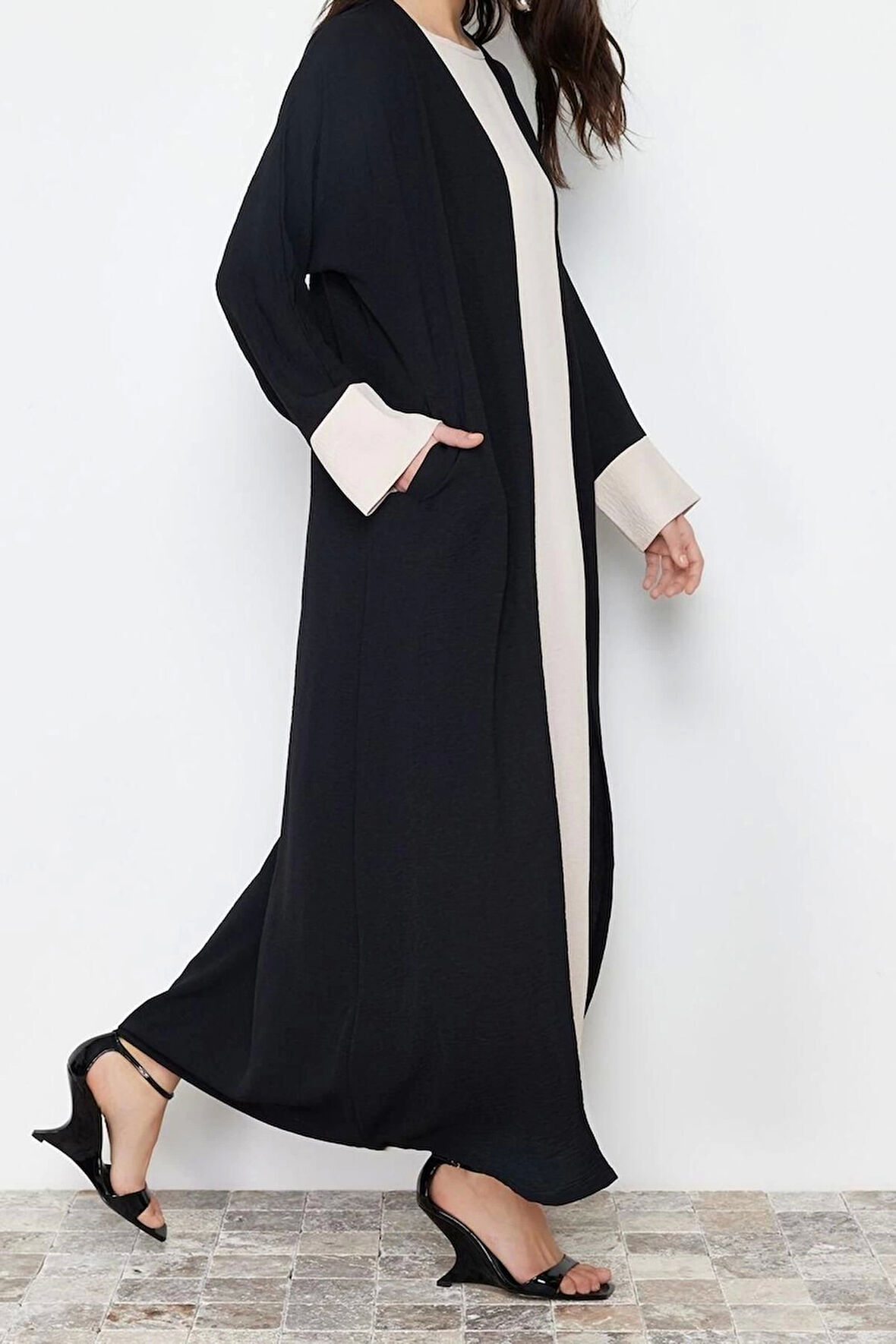 Kadın Moda Şık Regular Boy Uzun Kollu Renk Bloklu Aerobin Ferace Abaya & Elbise 2li Dokuma Takım