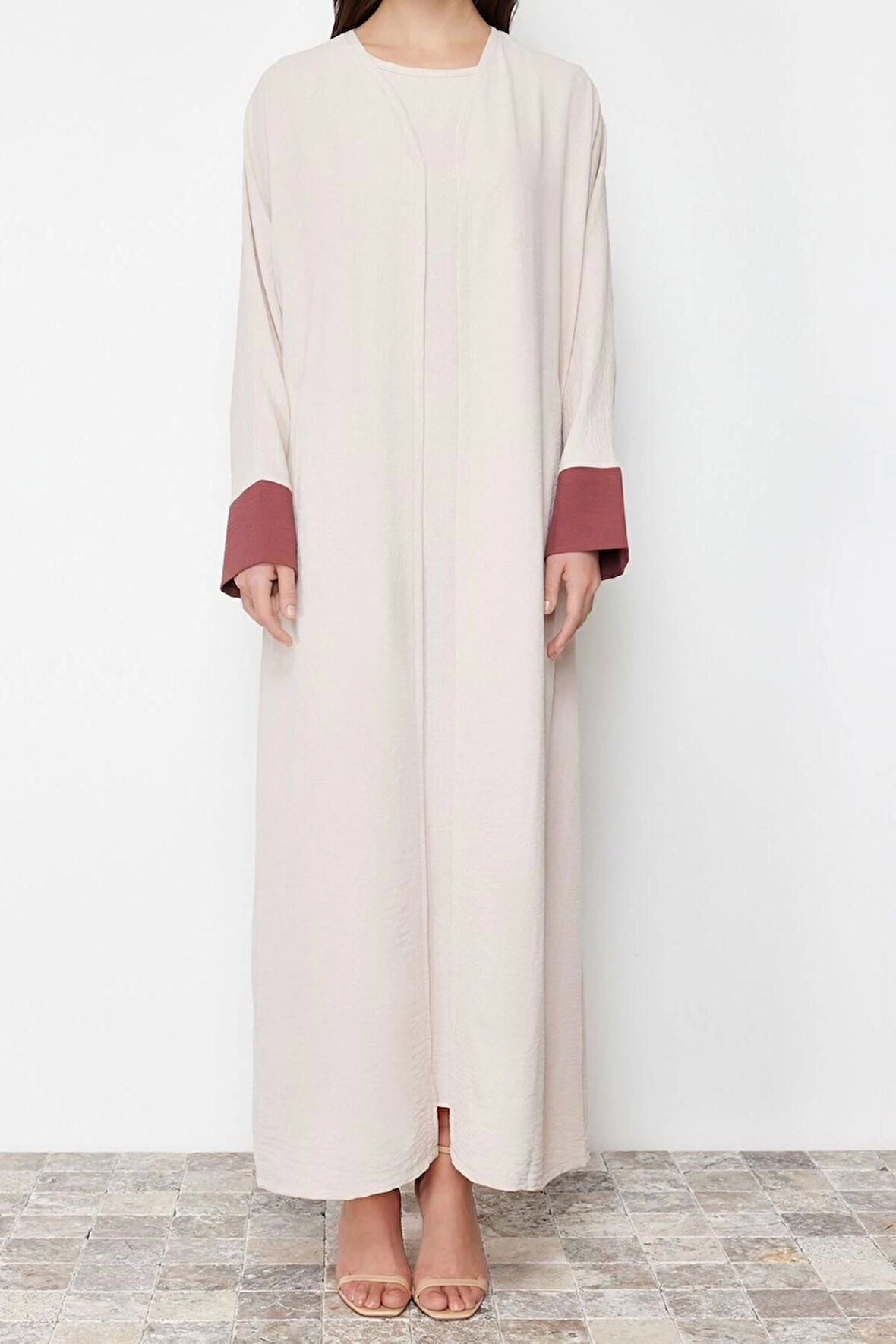 Kadın Moda Şık Regular Boy Uzun Kollu Renk Bloklu Aerobin Ferace Abaya & Elbise 2li Dokuma Takım