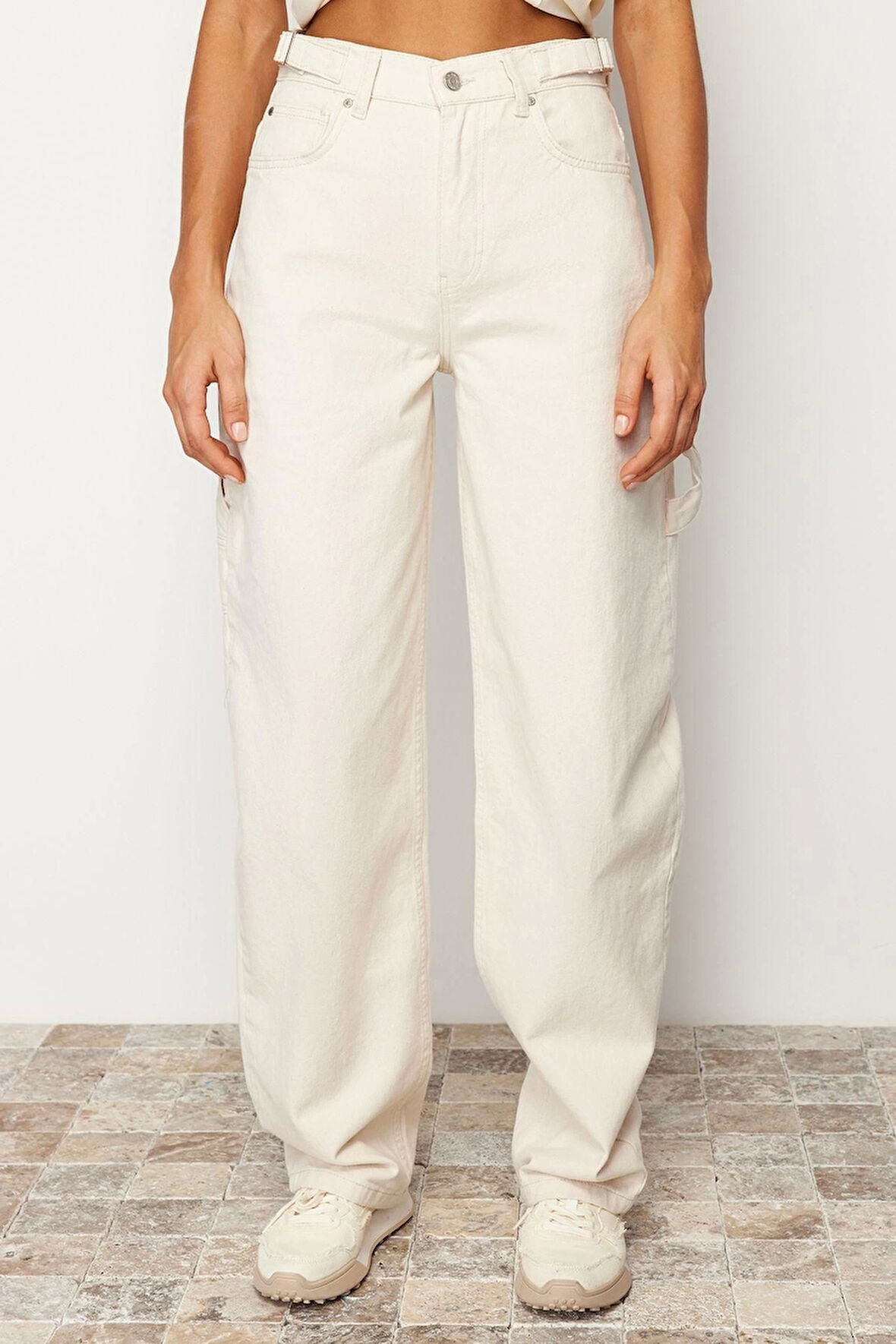 Kadın Moda Şık Kot Pantolon Boru Paça Regular Boy Denim Kahverengi Bol Kesim Yüksek Bel Jeans