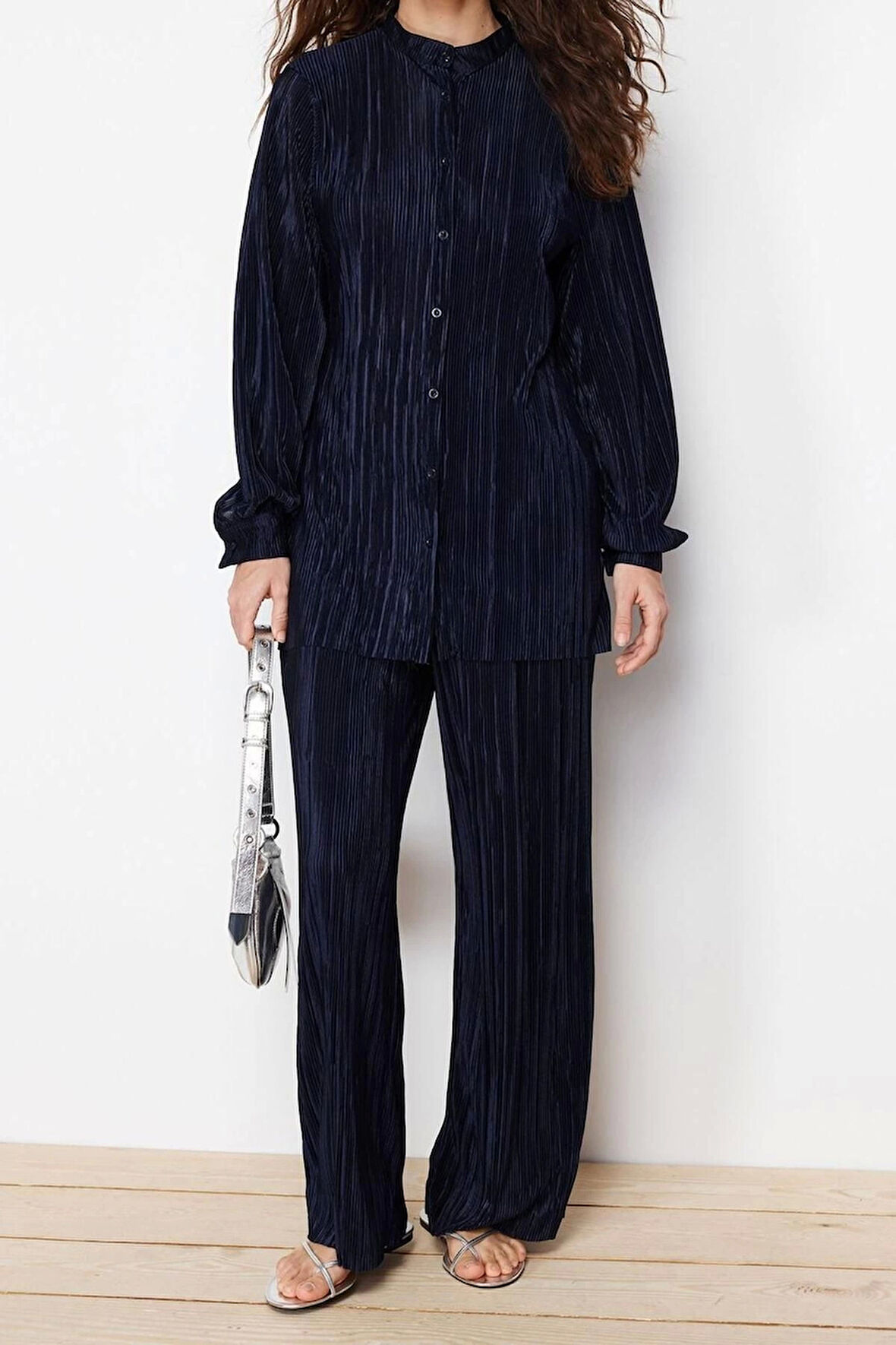 Kadın Moda Şık Regular Uzun Boy Uzun Kollu Piliseli Örme Alt-Üst Takım