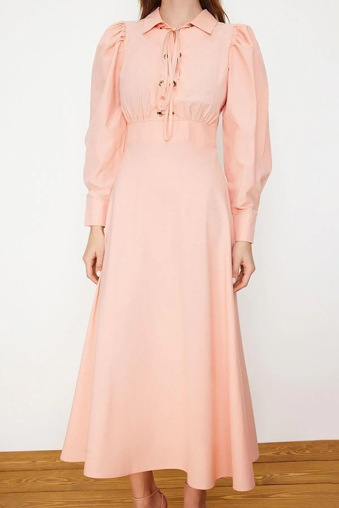 Yeni Regular Casual Günlük Poplin Dokuma Gömlek Yaka Uzun Kol A-Line Maxi Boy Tesettür Elbise